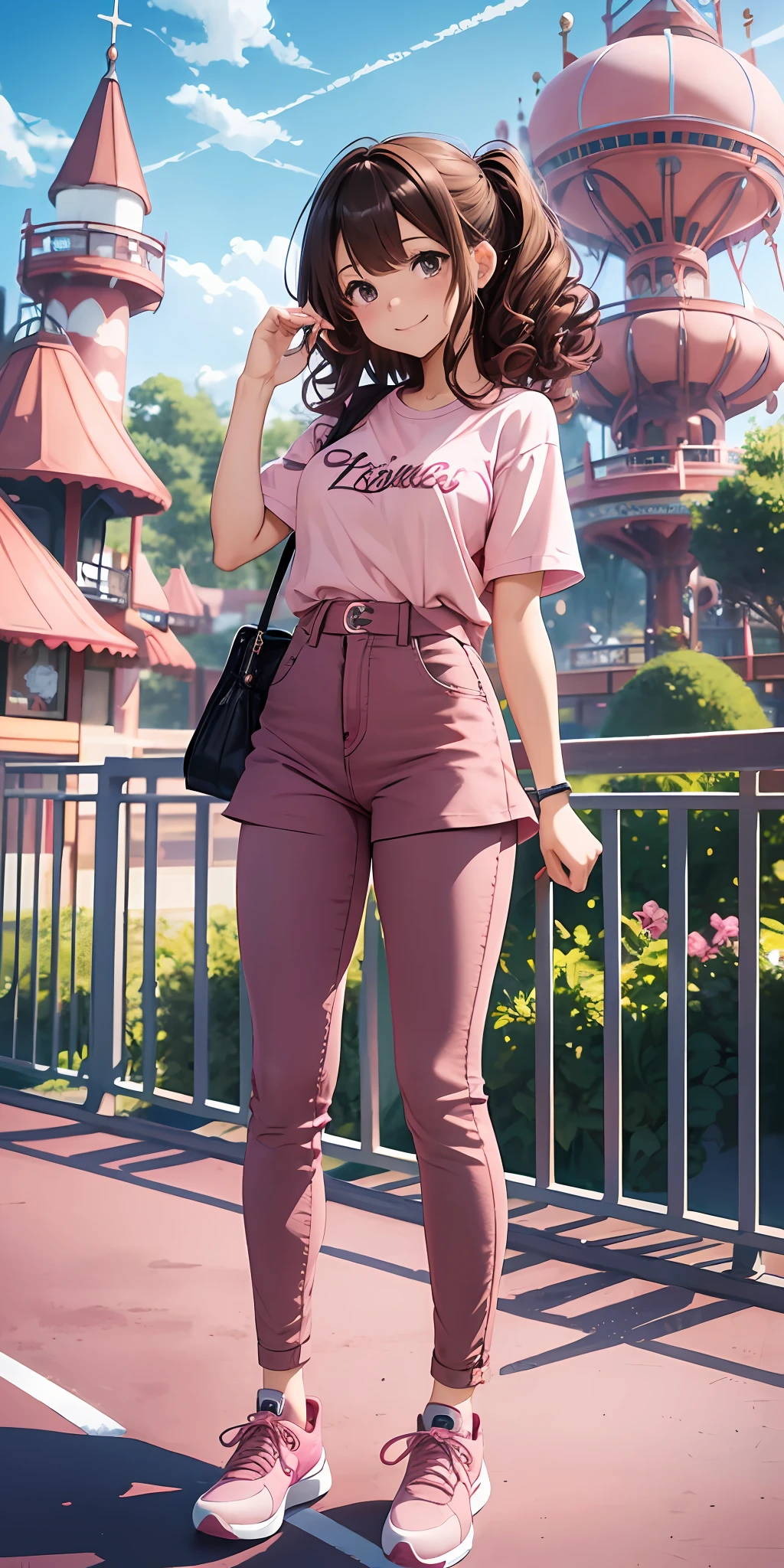 perfect anime illustration, 1girl, brown hair, curly hair, matching hairstyle, hazel eyes, smiling, ((dark pink shirt, light pink jeans, tennis shoes)), theme park, highres, full body