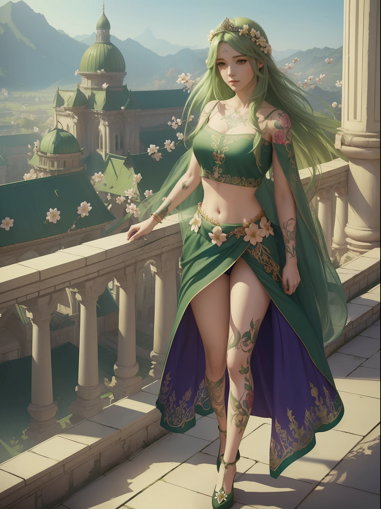 (Best quality, masterpiece, ArtStation, Fantasy Art:1.2), a palace rooftop, blooming trees, a beautiful cute girl with clothes, (long dark-green hair, tiara:1.1), (intricate full body flower tattoo, crop top:1.2)