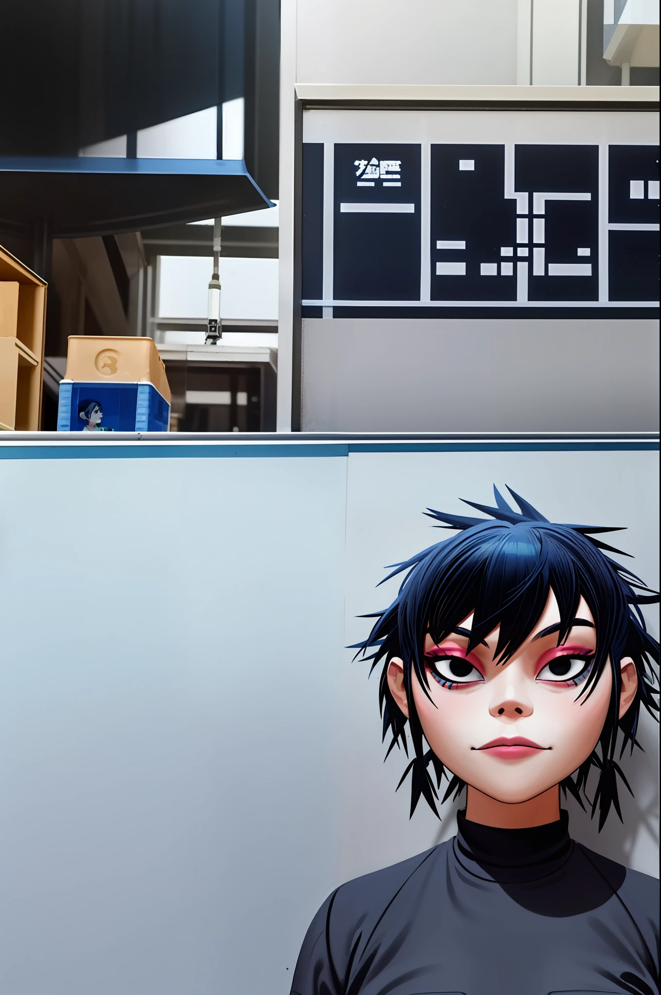 noodles (Gorillaz), masterpiece, best quality, 1girl, solo, blue hair, twintails, makeup, bangs, short hair, portrait, lipstick, black eyes, parody, breasts,