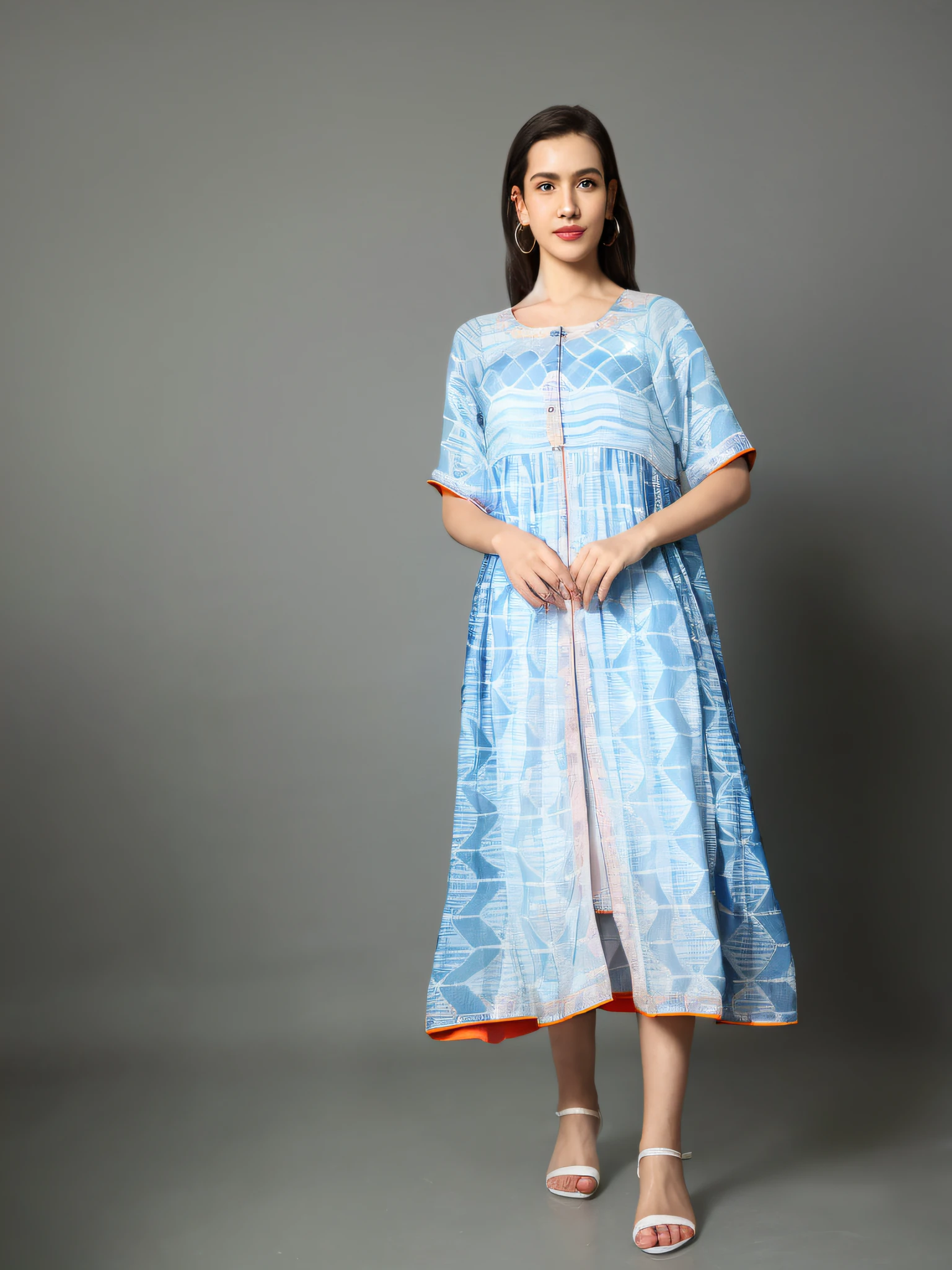 arafed woman in a blue dress standing in front of a gray background, idian dress, frock, light half opened dress, long tunic, soft silk dress, peasant dress, multilayered outfit, dress in voile, tribal clothing, flowing dress, stylish dress, blue colored traditional wear, wearing a kurta, wearing in a summer dress, long dress