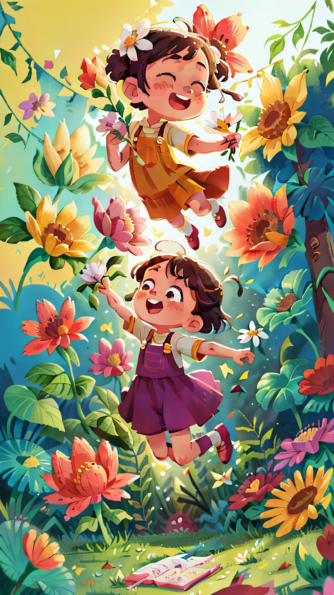 Poster making, Children's Day, in the garden, a girl holding flowers, flowers floating in the air, happy, jumping, happy --v 6