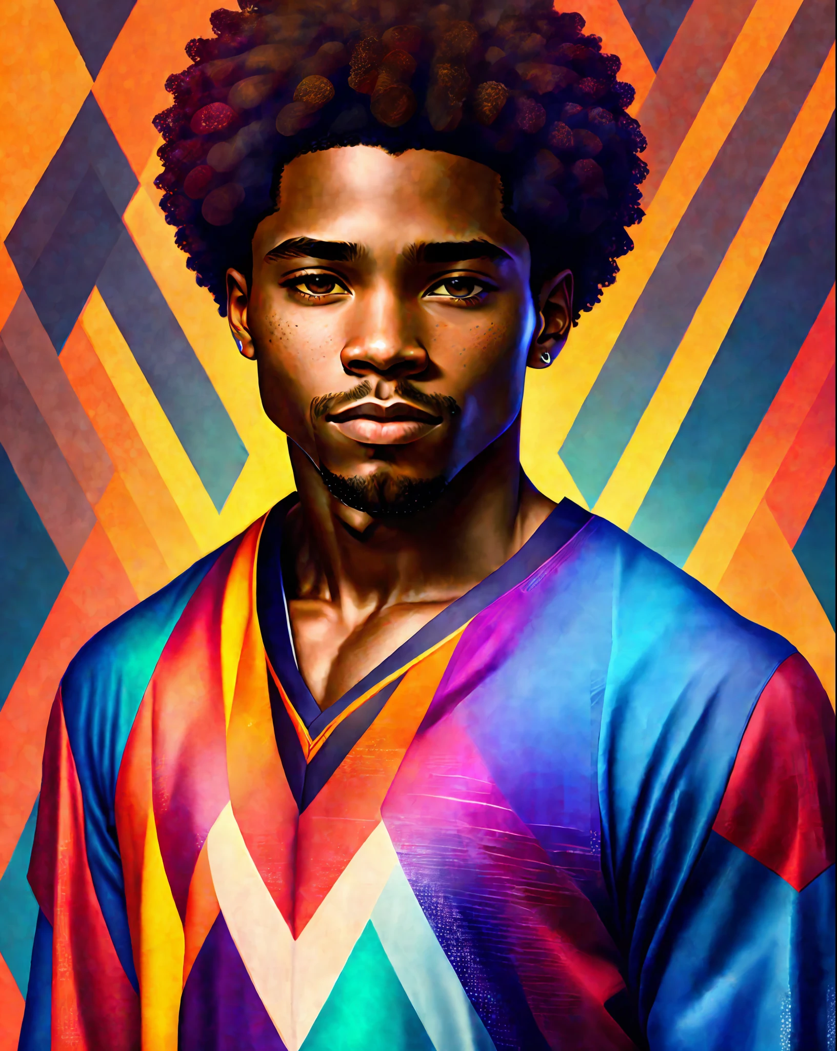 Portreit of a handsome man,African American athletic 8k and confident, rimlight, geometric pattern on clothes, colorful background
