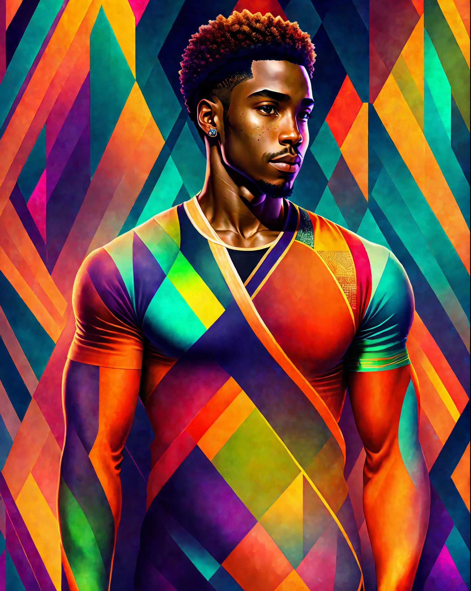 Portreit of a handsome man,African American athletic 8k and confident, rimlight, geometric pattern on clothes, colorful background