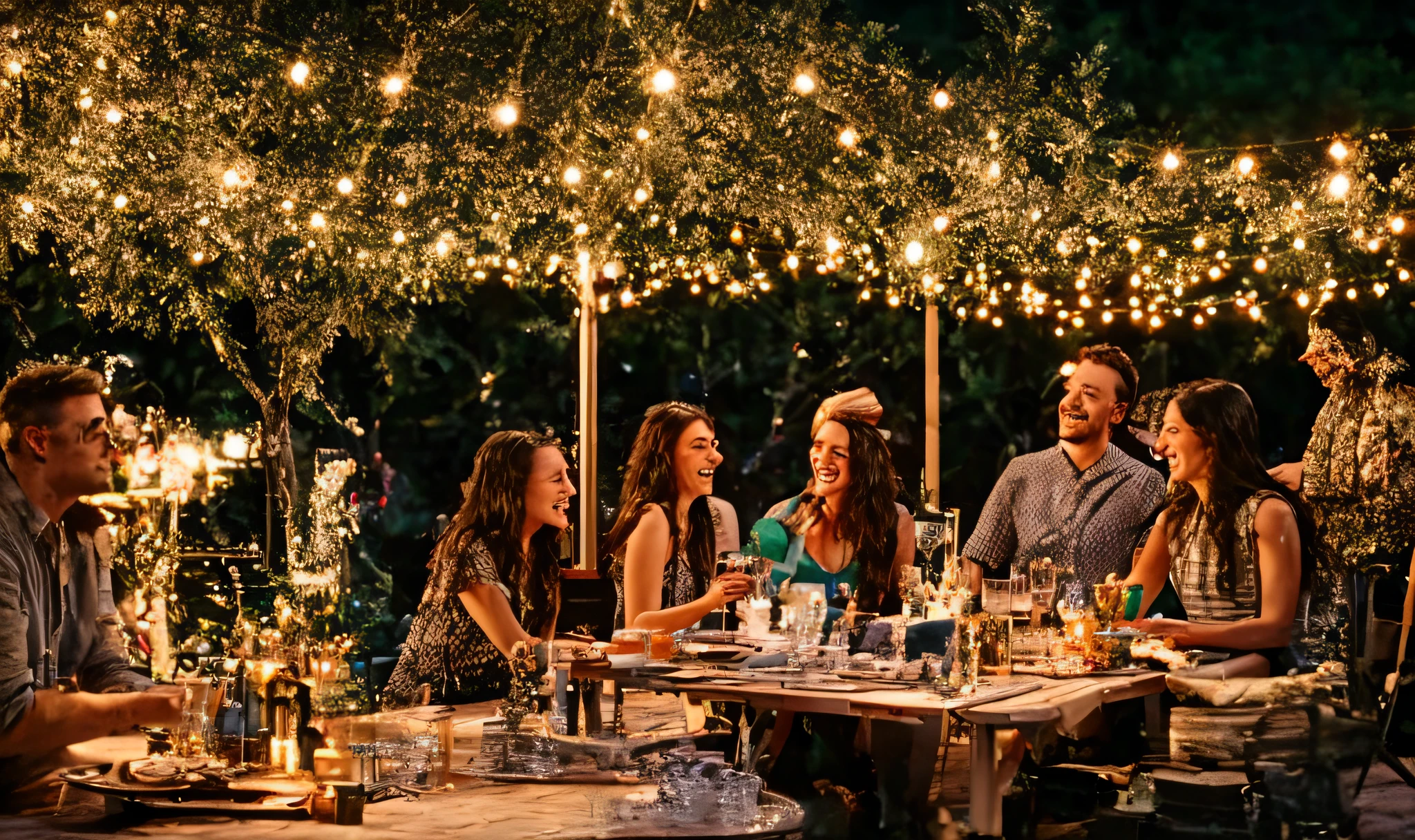 there are people sitting at a table outside at night, having a good time, cool looking, outdoors at night, intricate sparkling atmosphere, portable generator, easy go, magical scene, summer setting, having a cool party, accurately portrayed, outdoors lighting, night outdoors, people outside eating meals, cinematic outdoor lighting, having a great time, iconic scene, warm and joyful atmosphere