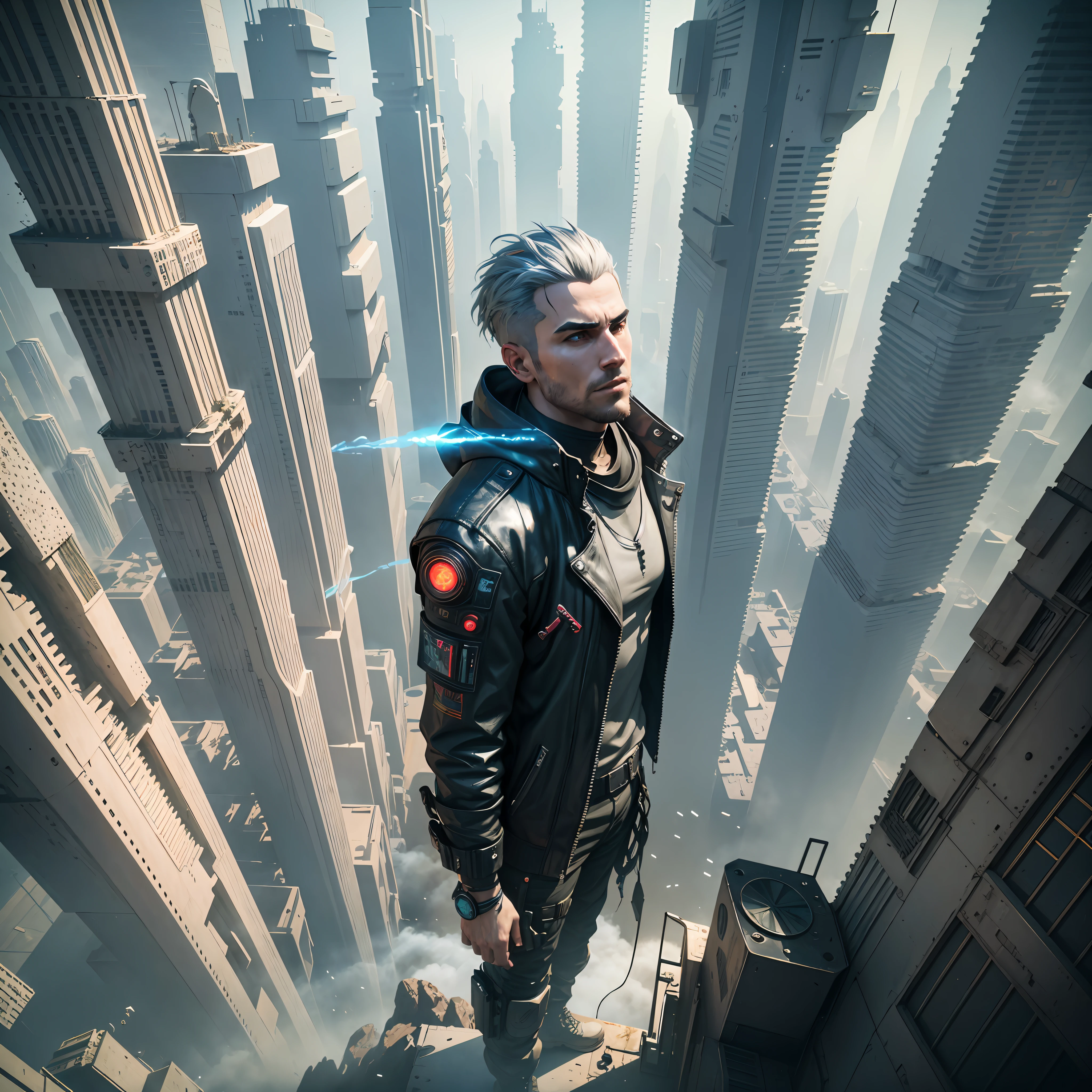 male character, cyberpunk, futuristic, hyperealistic, 3d, cinematic, technology, looking up, scenery with a deserted place, a giant futuristic ship, smoke around, particles --auto --s2