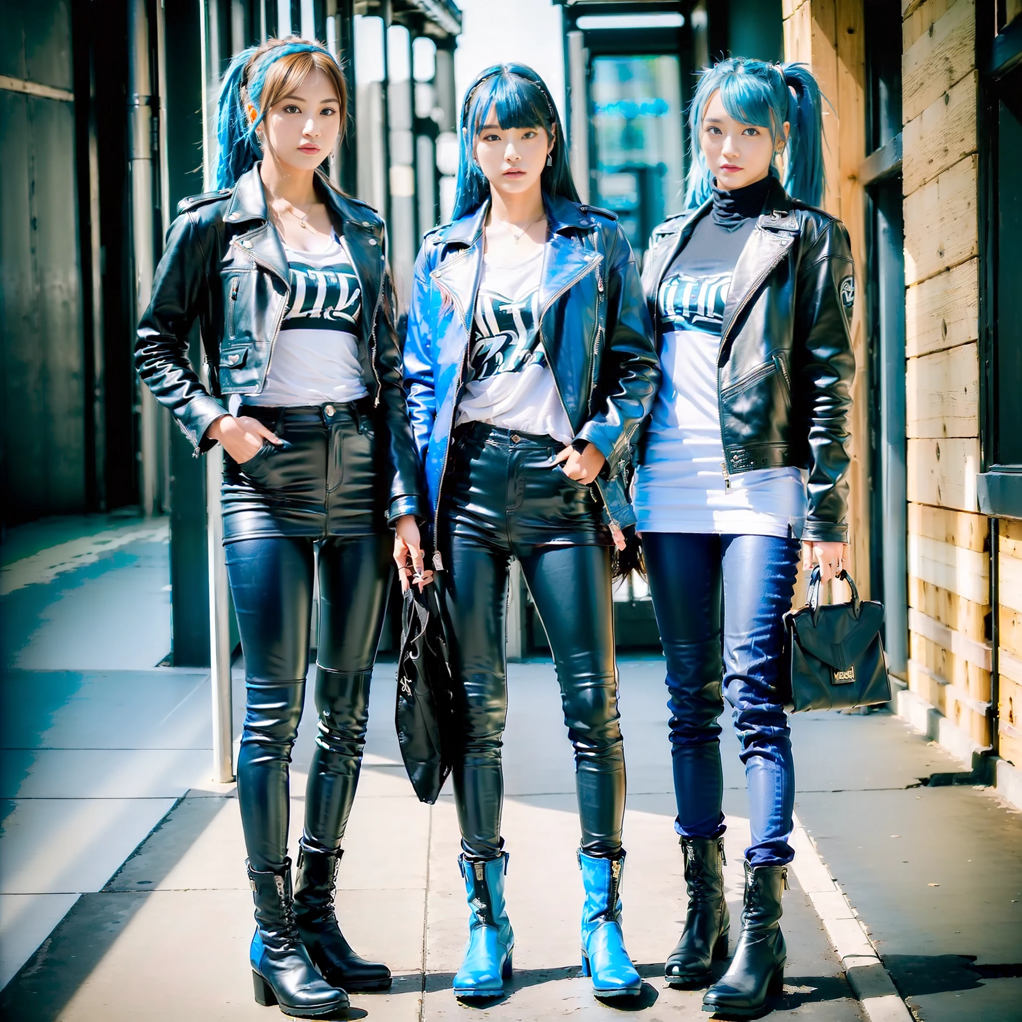 ((((((5girls)))), ((Masterpiece)), (Highest quality)), (8KUHD)))), ((Ultra High Definition))))), (Japan Woman), (Beauty)))))), (Boyish)), (Wild)), (Super tall)), (Super big)) ), looking at the camera, ((Full body))))), ((All blue))))), (Blue hair))))), (Riders jacket)))))), (Leather pants)))))), (Leather boots))))), (Natural light)