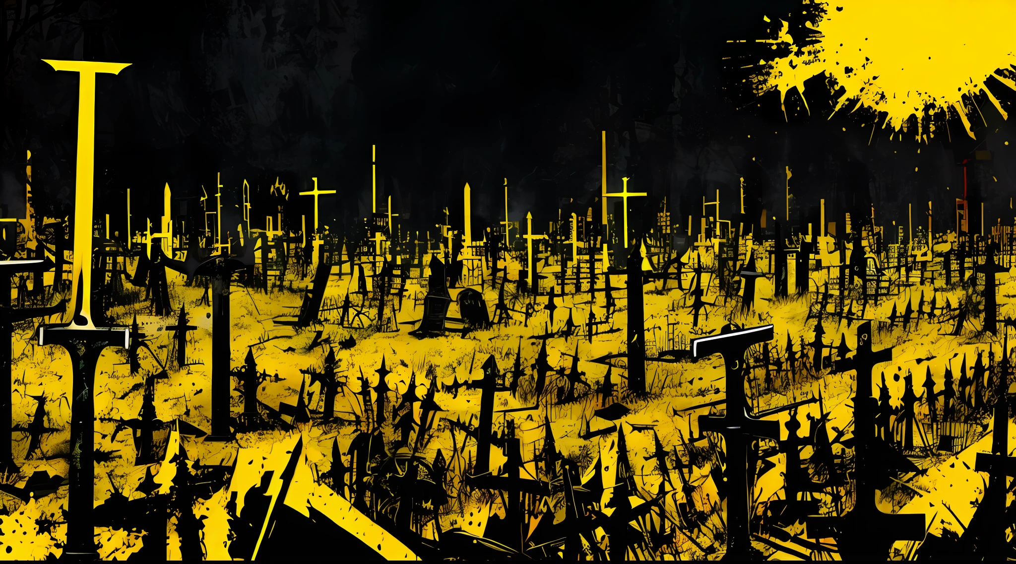 yellow and black, a sword graveyard, in the style of Mork Borg, strong contrast, grunge dirty punk splash art, zine black metal, color splash background