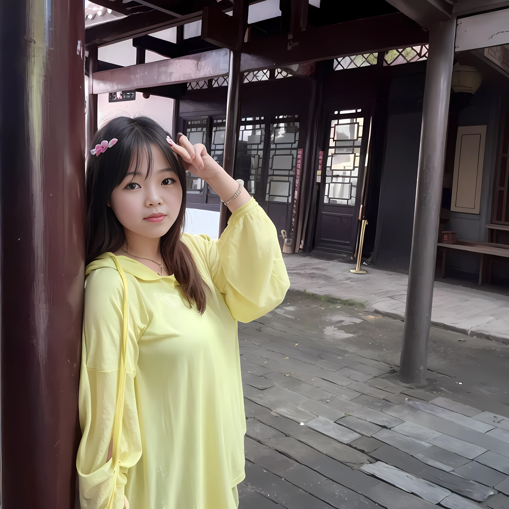 There was a woman standing by a pole with her hands on her head, a Chinese girl