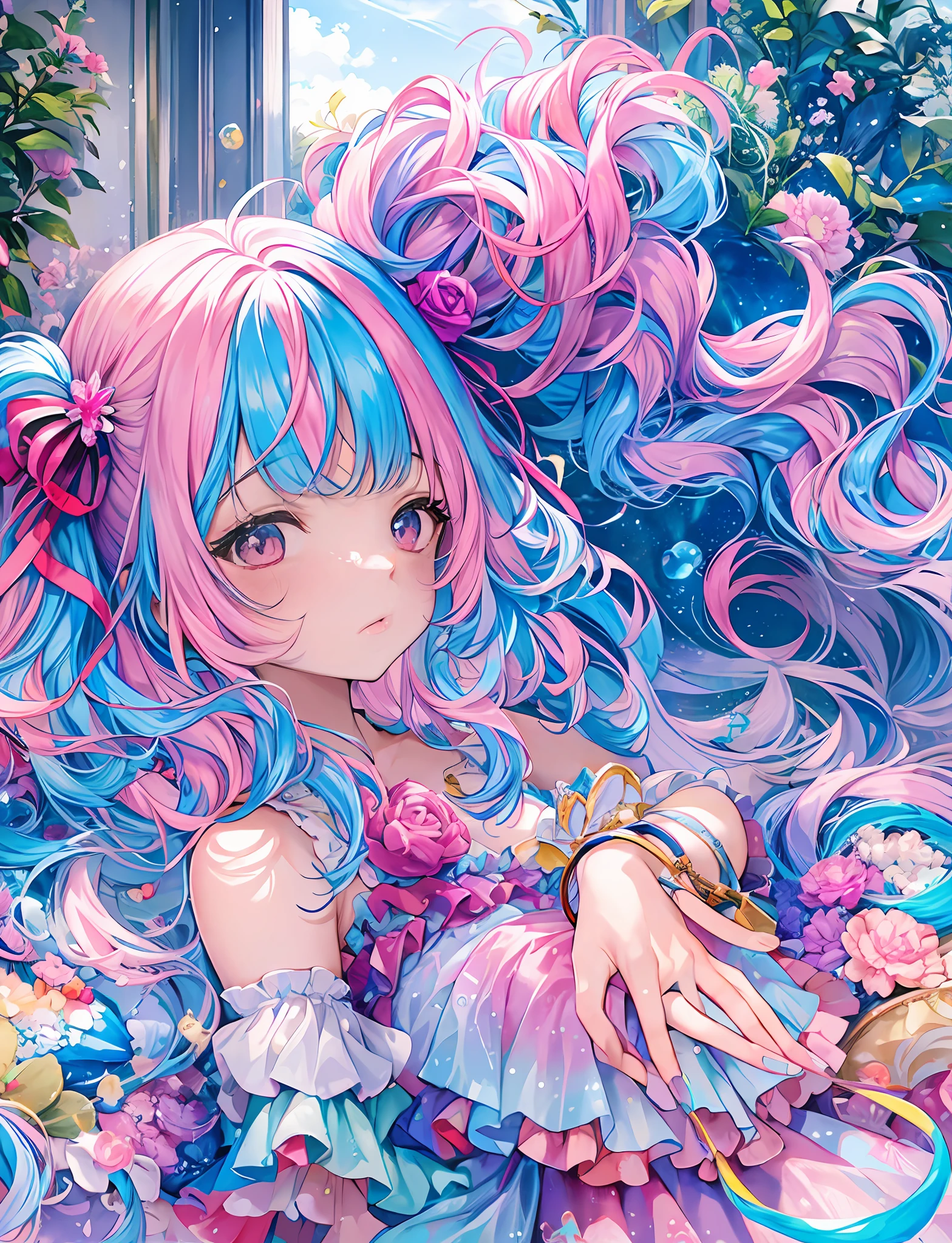 Yumekawa, dreamily cute, pale, moya, (masterpiece, highest quality, highest quality, watercolor (medium), official art, beautiful and aesthetic: 1.2), (two beautiful girls: 1.3), upper body, flirting, lesbian, lolita fashion, lolita, looking viewer, pattern, (iridescent hair, colorful hair, half blue and half pink hair: 1.2), soap bubbles, rainbow behind, clouds, colorful, soap bubbles, hair spread all over, cute, pastel, big ribbon, cute room, rainbow color unicorn plushie, sleeping on bed