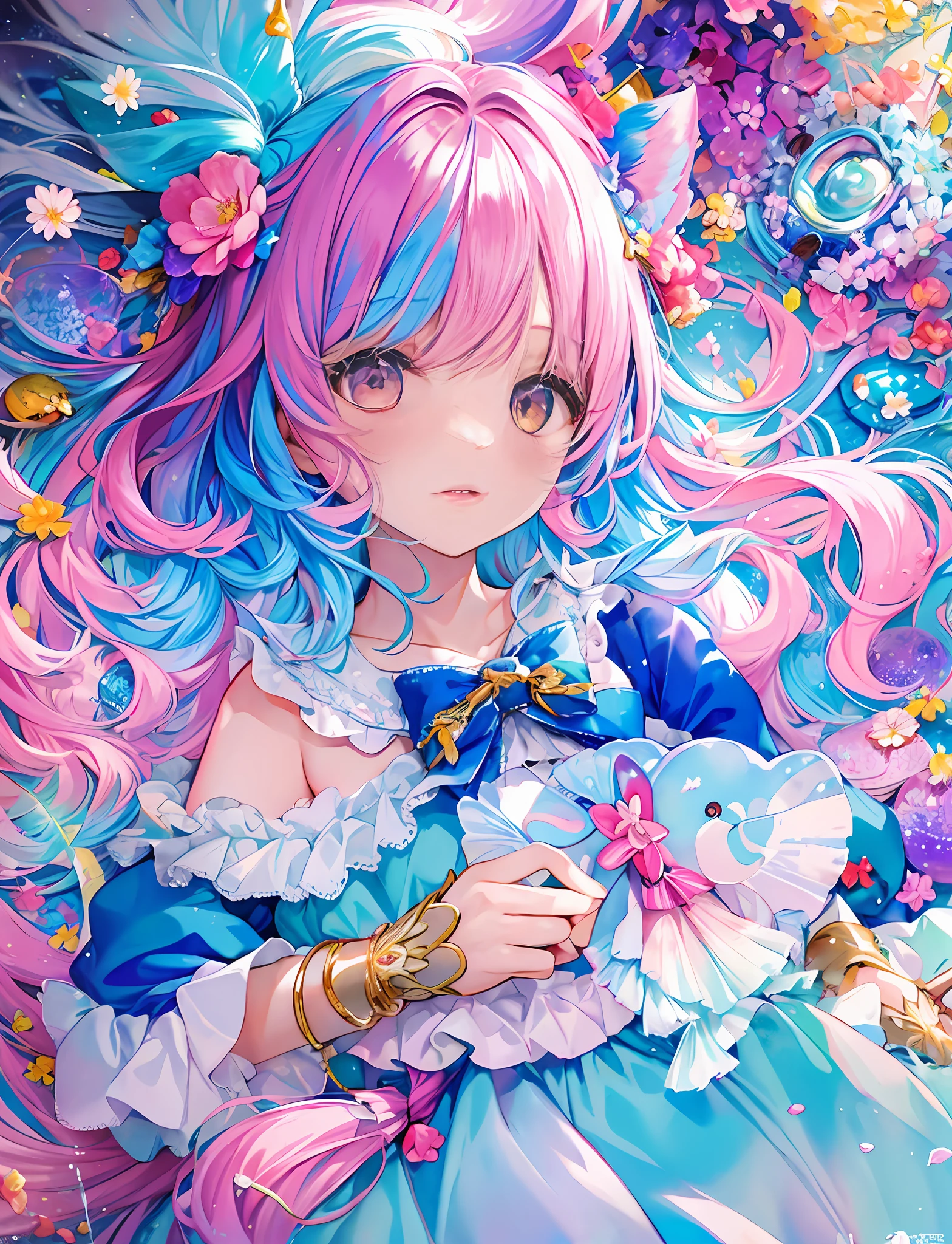 Yumekawa, dreamily cute, pale, moya, (masterpiece, highest quality, highest quality, watercolor (medium), official art, beautiful and aesthetic: 1.2), (two beautiful girls: 1.3), upper body, flirting, lesbian, ****ta fashion, ****ta, looking viewer, pattern, (iridescent hair, colorful hair, half blue and half pink hair: 1.2), soap bubbles, rainbow behind, clouds, colorful, soap bubbles, hair spread all over, cute, pastel, big ribbon, cute room, rainbow color unicorn plushie, sleeping on bed