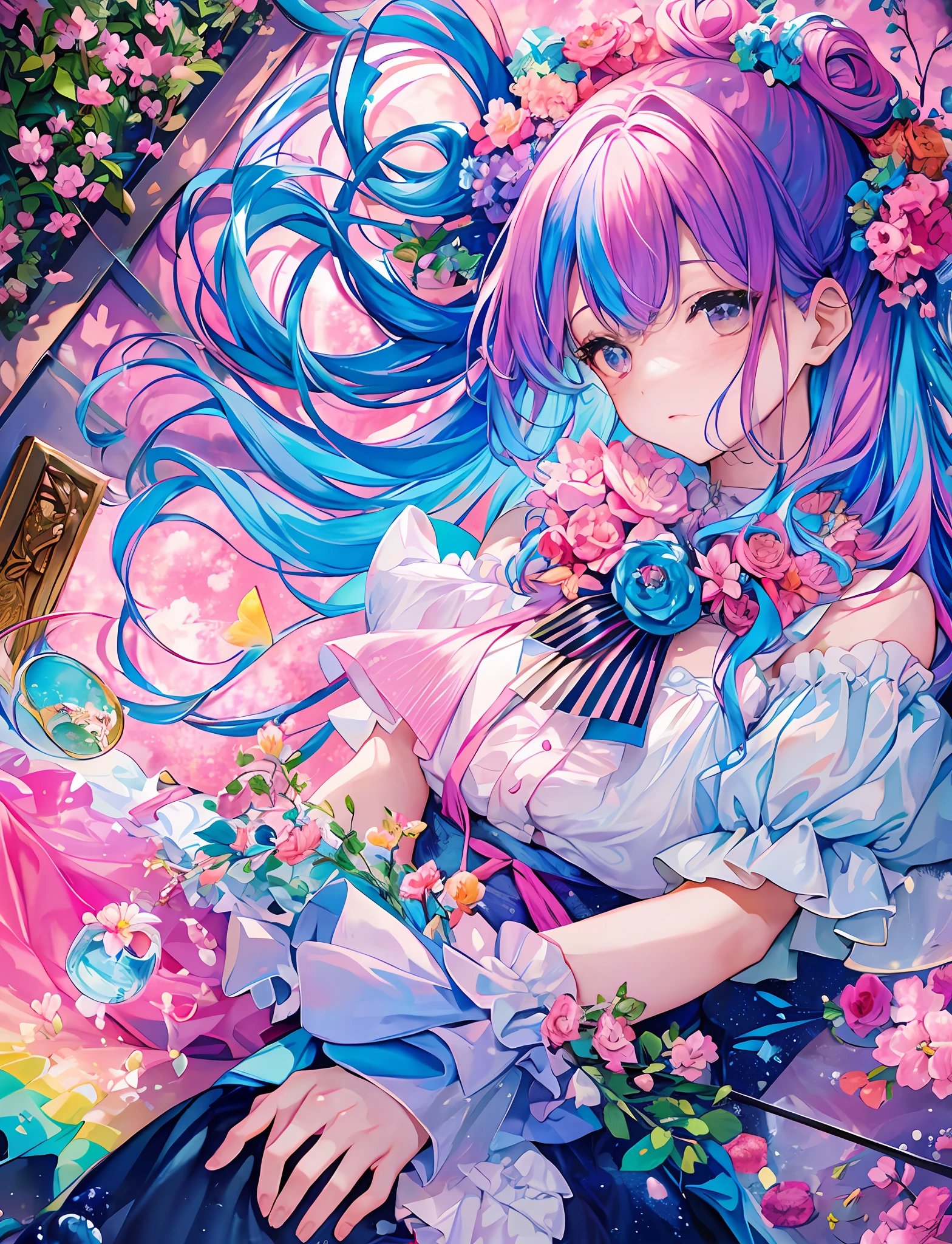 Yumekawa, dreamily cute, pale, moya, (masterpiece, highest quality, highest quality, watercolor (medium), official art, beautiful and aesthetic: 1.2), (two beautiful girls: 1.3), upper body, flirting, lesbian, lolita fashion, lolita, looking viewer, pattern, (iridescent hair, colorful hair, half blue and half pink hair: 1.2), soap bubbles, rainbow behind, clouds, colorful, soap bubbles, hair spread all over, cute, pastel, big ribbon, cute room, rainbow color unicorn plushie, sleeping on bed