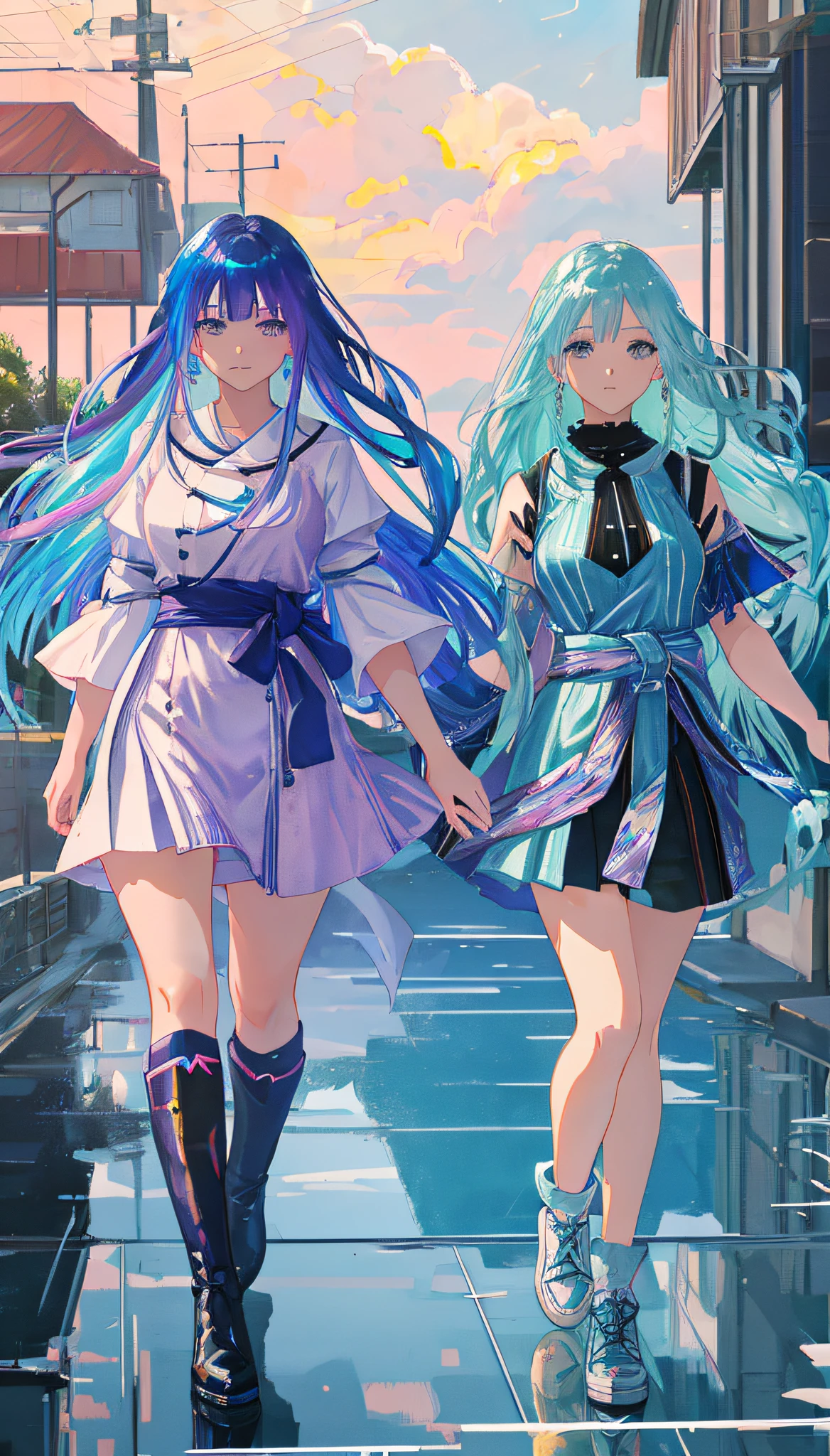 anime waifu, looking at viewer, highly detailed, reflections transparent iridescent colors, long transparent iridescent RGB hair, artby Serafleur from artstation, thick acrylic, illustration on pixiv, portrait with waist up, Best quality, super detailed, nice face, Octane rendered character style, babes