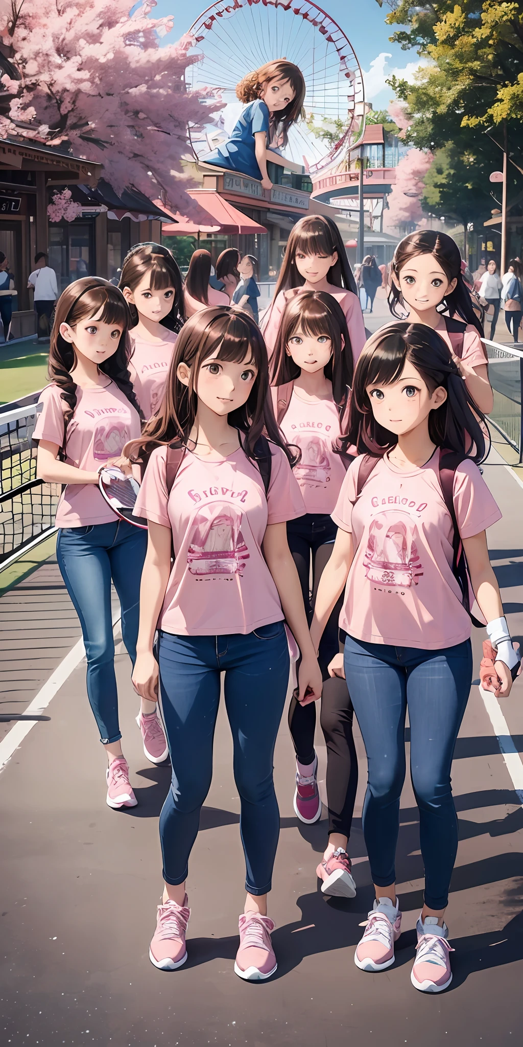 perfect anime illustration, identical septuplets, 7girls, clones, identical sisters, sisters crowded together, sisters in background, matching hairstyles, brown hair, curly hair, matching hairstyle, hazel eyes, smiling, ((dark pink shirt, light pink jeans, tennis shoes)), theme park, highres, full body
