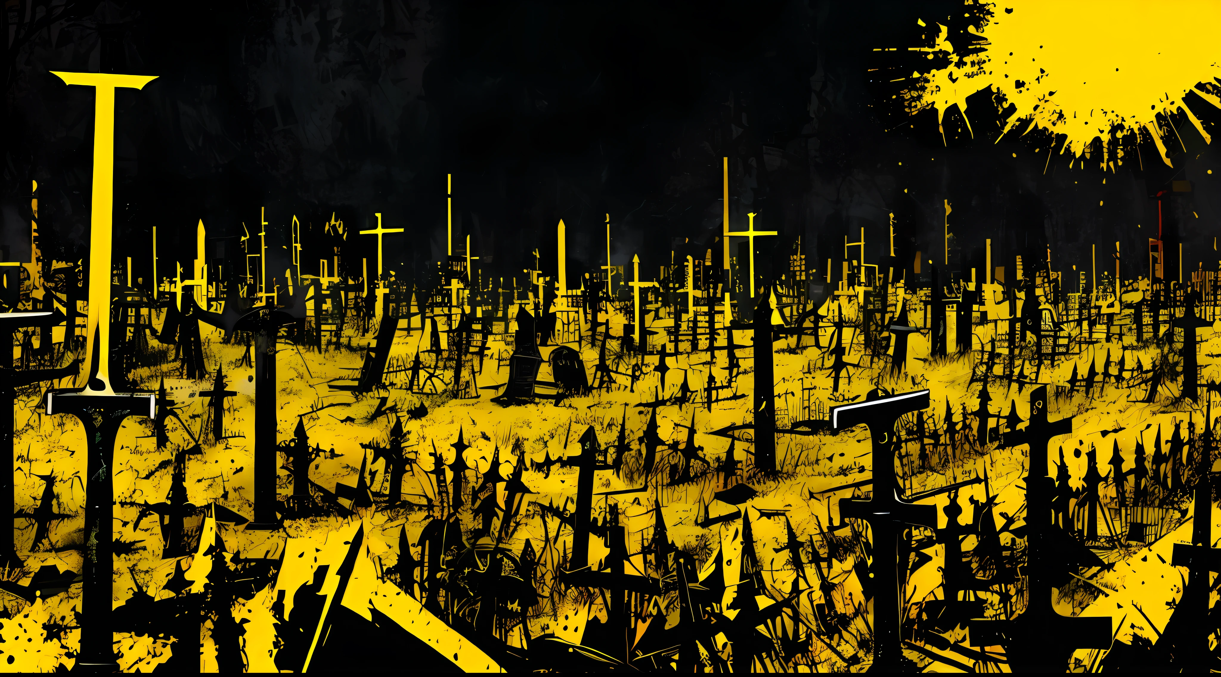 yellow and black, a sword graveyard, in the style of Mork Borg, strong contrast, grunge dirty punk splash art, zine black metal, color splash background