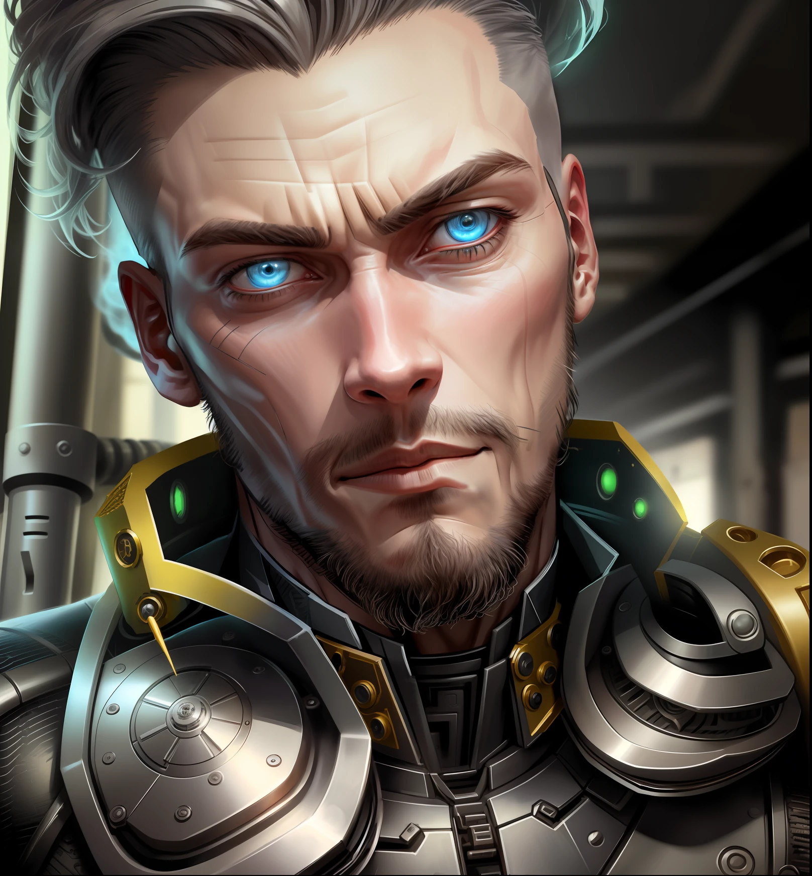 A cybernetic man in the range of 27 years old, muscular stereotype, with cowboy hat (mechanical parts: 1.5), fighting, bright eyes, short hair, tight supersuit torn, in a destroyed city, smoke and fire, aura of brilliant power, dynamic pose, dynamic vision, hyper detailed, 8k quality, with tattoo on the arm, mechanical roman watch on the chest, merge images, hyper realism. Enjoy original photo base, mechanical and human bust. With gray goatee and gray hair.
