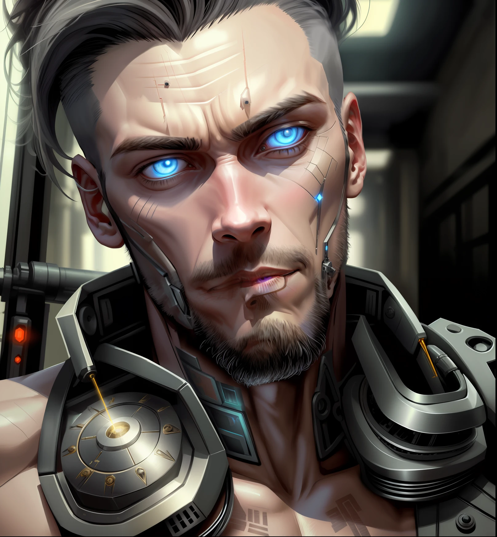 A cybernetic man in the range of 27 years old, muscular stereotype, with cowboy hat (mechanical parts: 1.5), fighting, bright eyes, short hair, tight supersuit torn, in a destroyed city, smoke and fire, aura of brilliant power, dynamic pose, dynamic vision, hyper detailed, 8k quality, with tattoo on the arm, mechanical roman watch on the chest, merge images,  hyper realism. Enjoy original photo base, mechanical and human bust. With gray goatee and gray hair.