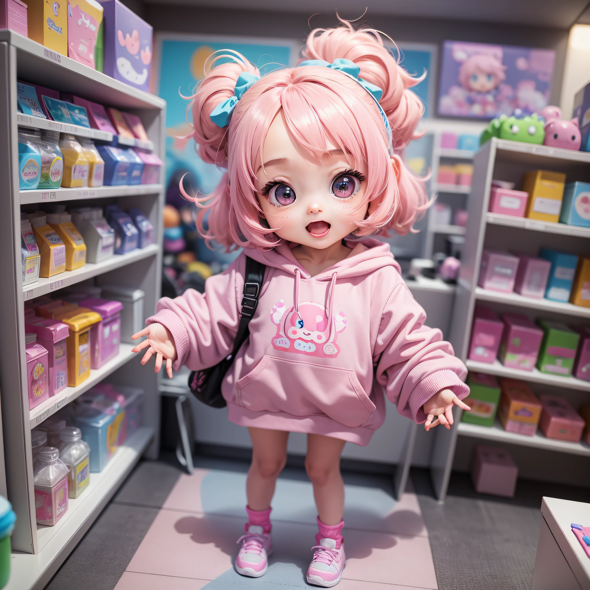 Girl standing with open mouth, wearing a pastel pink sweatshirt, wearing a pink sweatshirt, very lively, lively, 2 years old, excited expression, rosy cheeks, 4 years, four years old, she expressing joy, v, casually dressed carton The 3D full body art of super cute girl, 1 girl, beautiful eyes, big eyes, cute, happy, c4d, pop Matt Blind Box,  bright bubbles, toys, solid color background, chibi, fluorescent translucent, shiny body, kawaii, doll, T pose, reference sheet, blind box pop mart, Pixar, complex details, 3d rendering, blender, OC renderer, foll body reference sheet, dribble, high details, 8k, studio lighting, loli, petite, child, chibi, SD character:1.1 --auto --s2