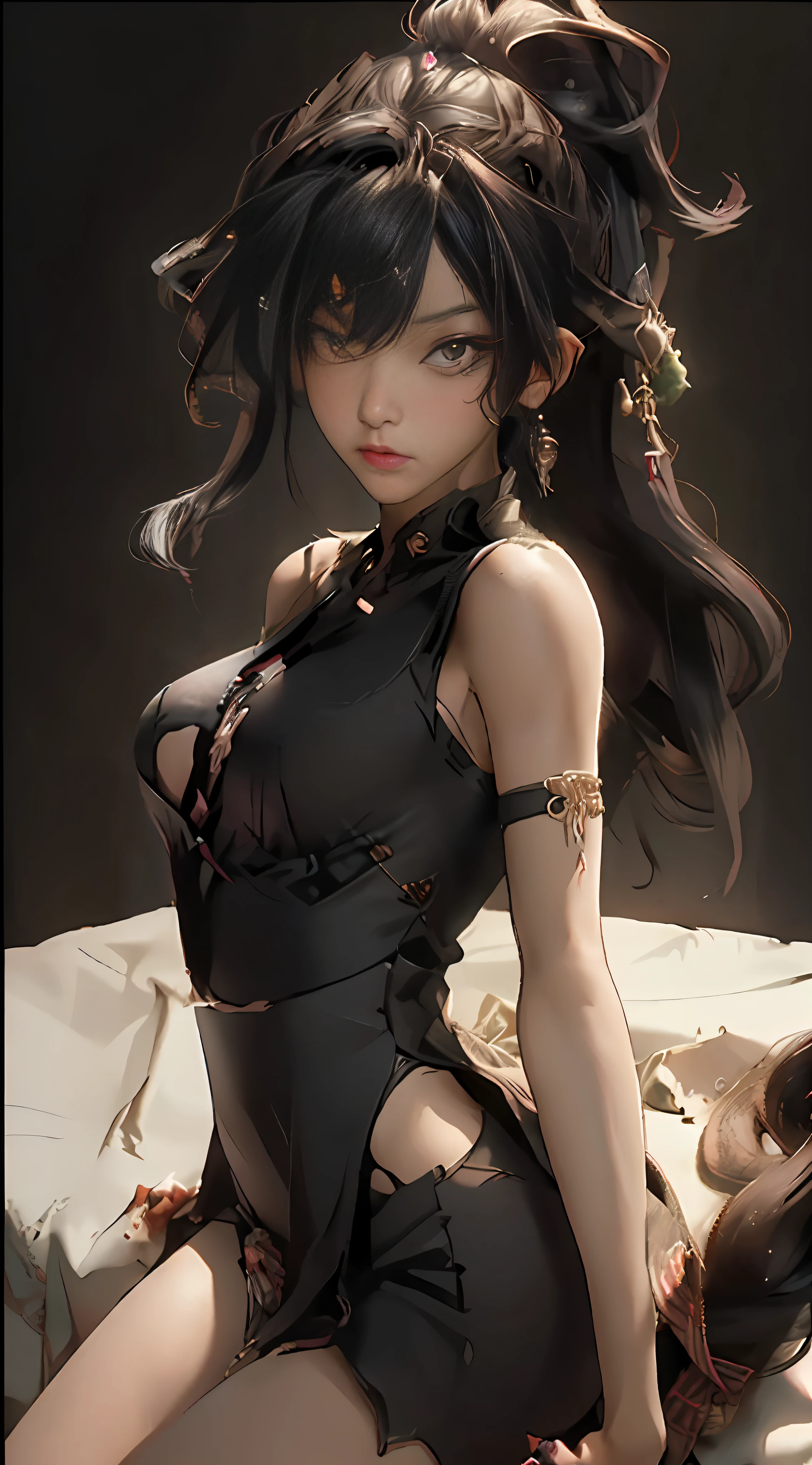 ((Top quality, 8k, Masterpiece: 1.3)), beauty, hidden face, 1 girl, beauty: 1.3, slender abs: 1.1, camisole vest, long black hair, (sitting on bed), ultra-detailed face, highly detailed lips, detailed eyes, double eyelids, white lace, openwork clothes, backless clothes, transparent lingerie, coquettish, big breasts, big breasts, big breasts, big breasts, double breasts, fat buttocks, buttocks, tall figure, sexy stunner? Succubus, succubus, spread her legs, young woman, woman, wife, stroking body, two women, two young women, thighs, big breasts, thick legs, dark complexion, pouting, bare ass, lying on the stomach, wearing a collar around the neck, mouth plugging, bronzed skin, dark skin, wife and milf, sullen, hungry woman, fat ass, ass, open legs, lewd look, sexy thong, masturbation, self-comfort,