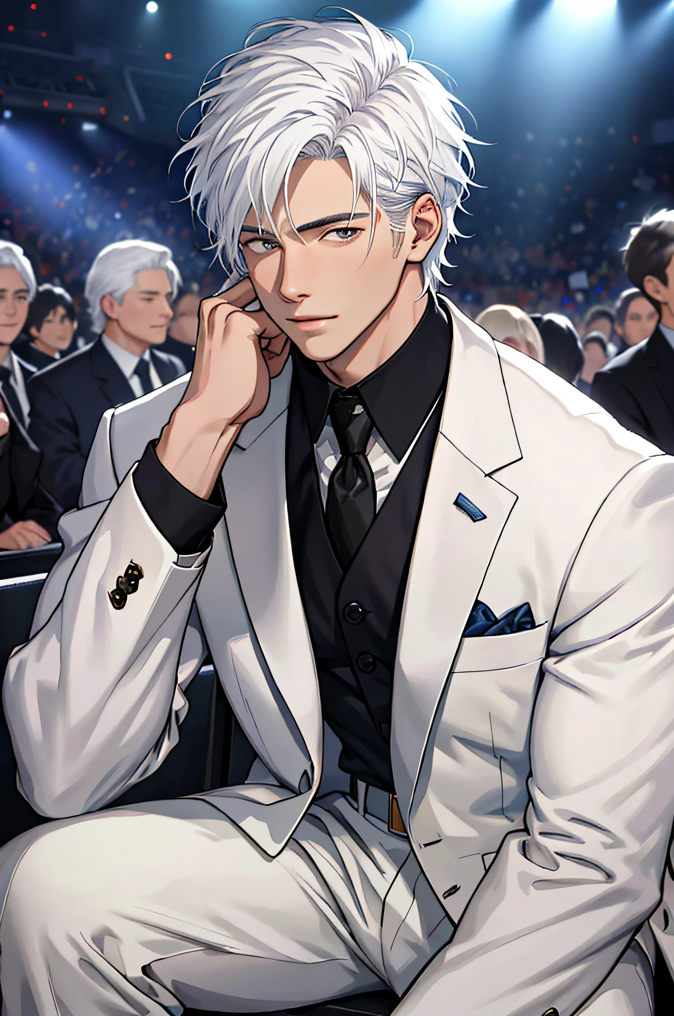 Masterpiece, best quality, realistic, super detailed, portrait of a young man, handsome looking white hair white suit, head to the right, sitting in the crowd around the concert, entertainment industry star rich second generation