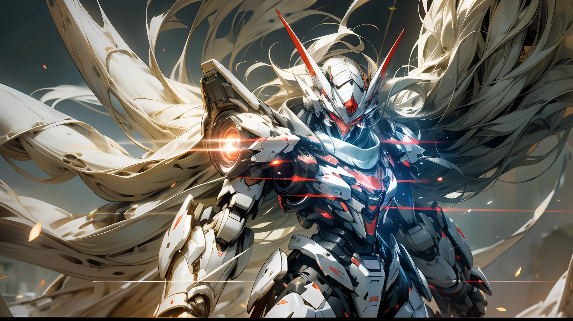 A beautiful game CG with the Doomsday theme as the main body, hyper-detailed, this is a light black and light white complex structure of the mecha, its hands hold a broad heavy armor sword, emitting a fiery red light: 1.2, the eyes emit dazzling red light: 0.8, 3D two-dimensional drawing, the scarf of breaking waves sways with the wind, anime drawing, chiaroscuro, light special effects, mecha detailed and exquisite, mecha face delicate and clear, light source on the eyes, background burning fire of the broken mechanical battlefield