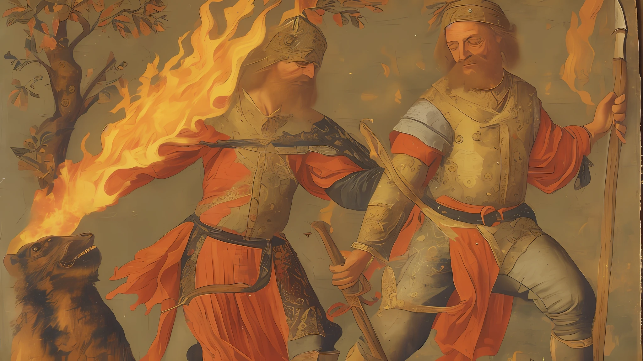 Medieval warrior in animal-skin clothing, aged 58, wielding a long sword pointing upwards in flames