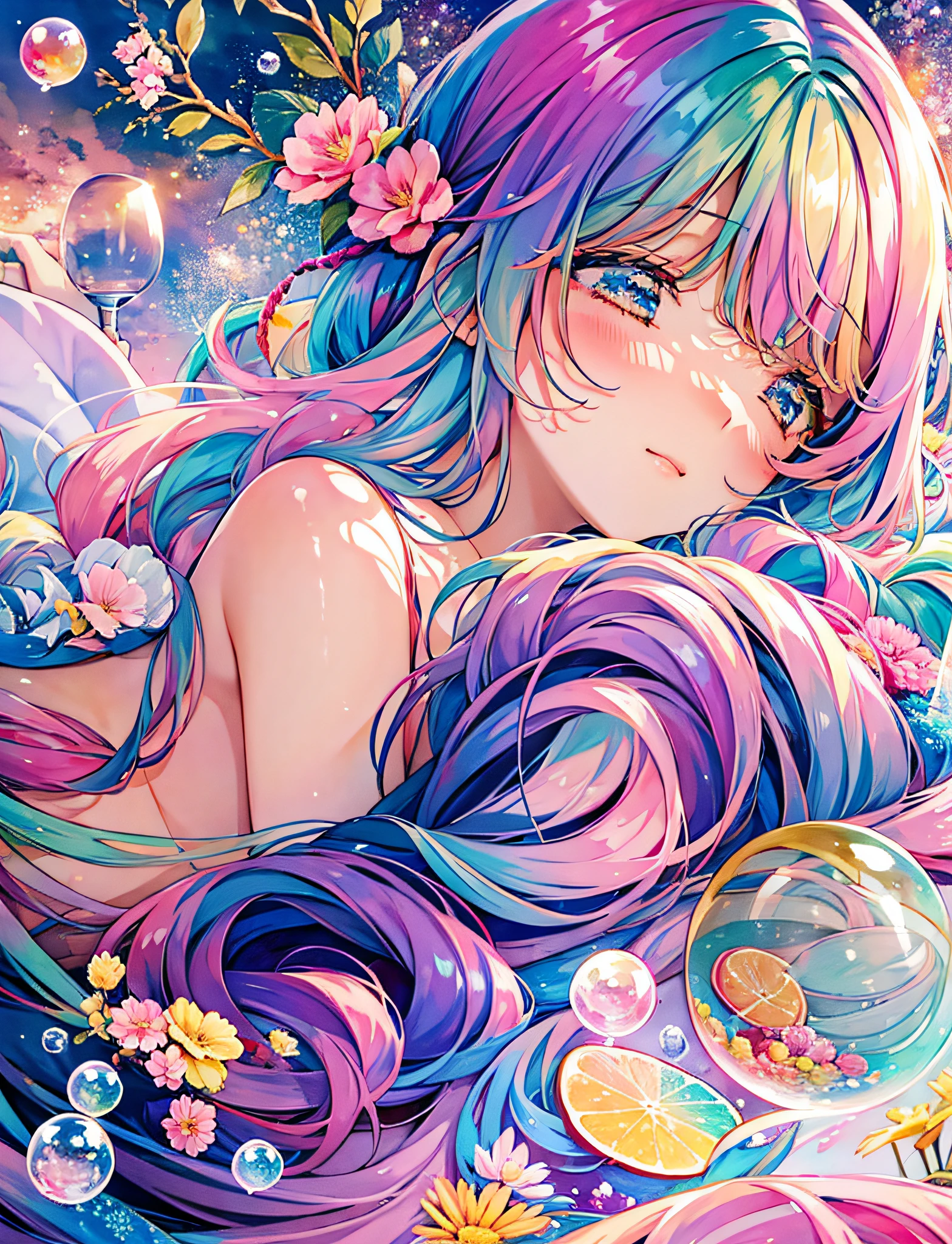 Yumekawa, dreamy cute, pale, moya, (masterpiece, highest quality, highest quality, watercolor (medium), upper body, kiss, lesbian, ****ta fashion, pattern, break, (rainbow hair: 1.2), break, soap bubble, rainbow behind, cloud, colorful, soap bubble, spread throughout, cute, pastel, cute room, iridescent unicorn stuffed animal, sleeping in bed