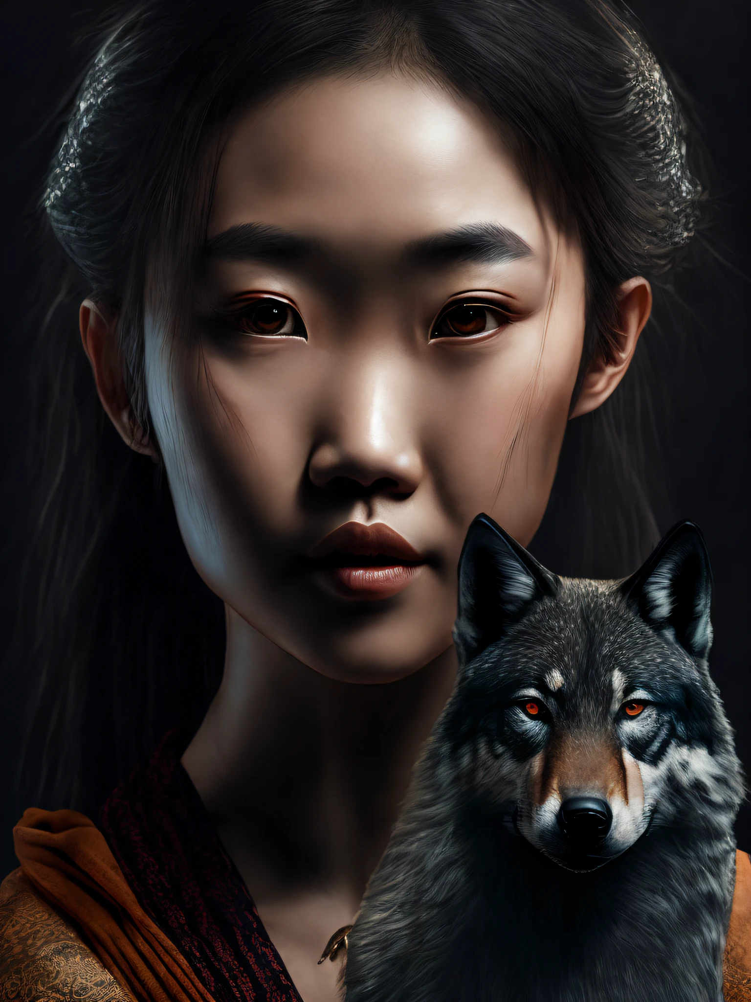 Portrait photography, a beautiful Chinese girl leaning next to a wolf, bust, highly detailed, sharp, 8k dark, CAD rendering, far view