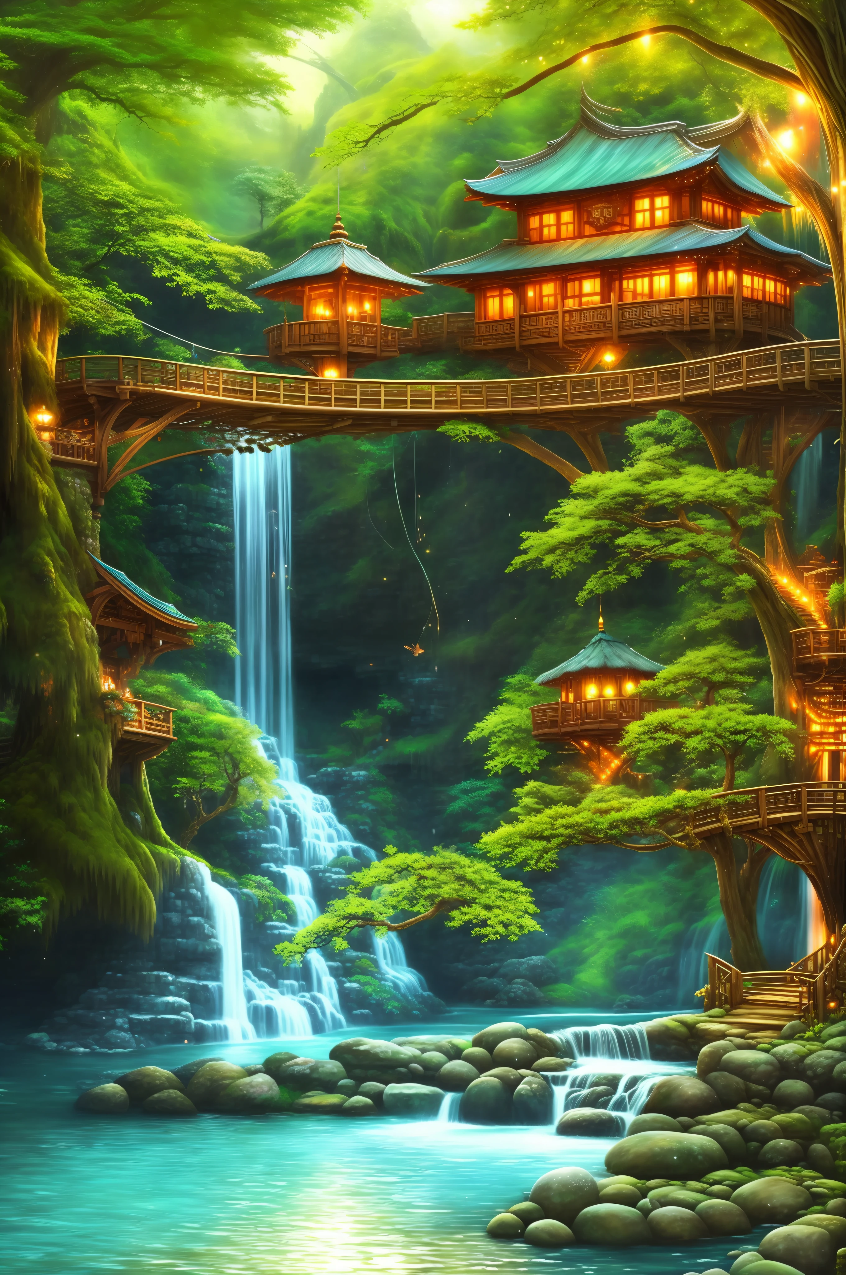 a painting of a waterfall and a bridge in a forest, with trees and waterfalls, made of tree and fantasy valley, epic rivendell fantasy, amazing wallpaper, cyberpunk tree house, fantasy highly detailed, 4 k hd wallpaper very detailed, bonsai tree house, fantasy forest, nature wallpaper, enchanted magical fantasy forest, ultra detailed fantasy, beautiful detailed fantasy, anime nature wallpap