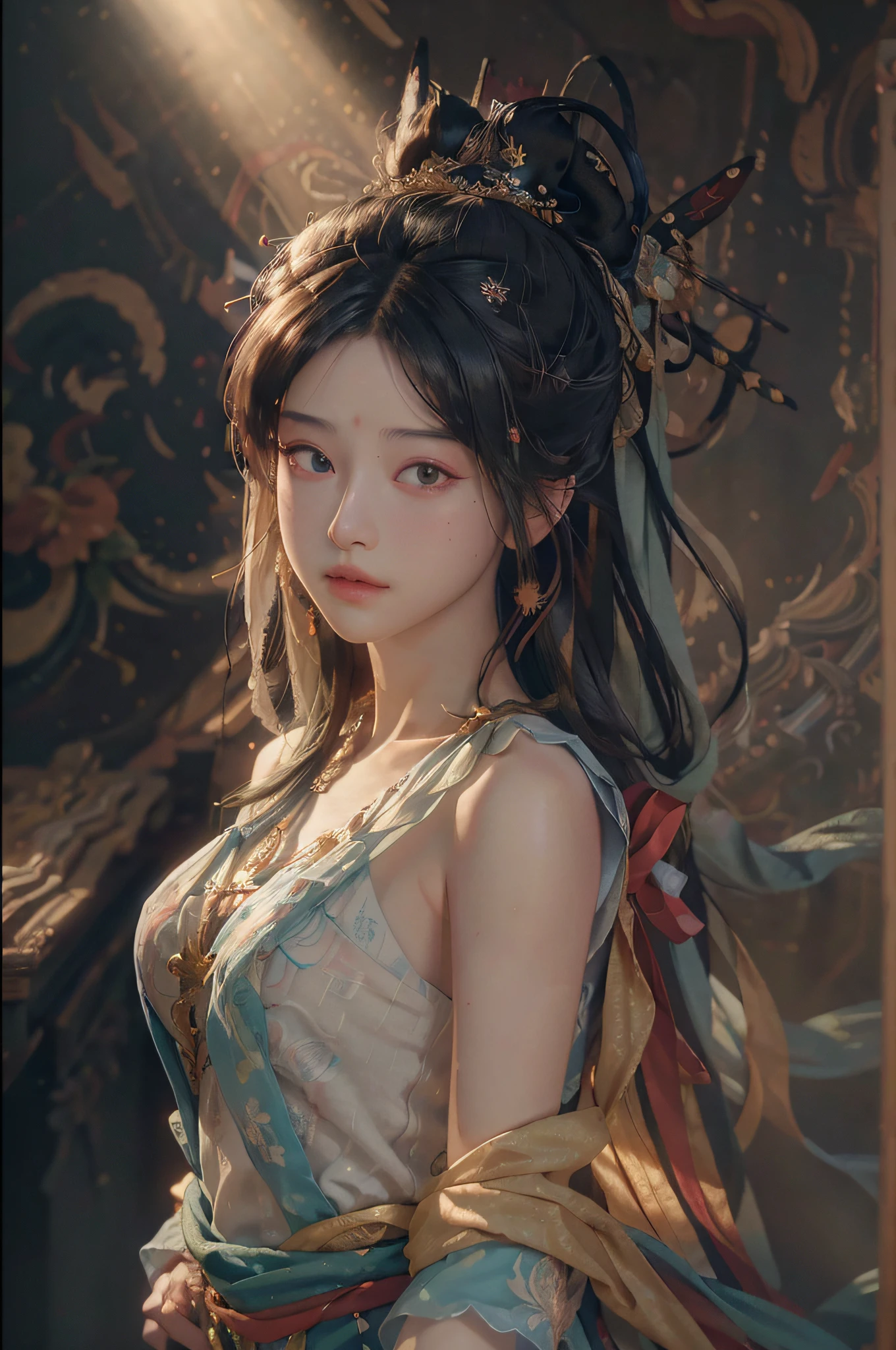 (RAW photo, best quality), (realistic, photo-realistic:1.3),best quality,highly detailed,masterpiece,ultra-detailed,illustration,1girl,upper_body,dynamic angle,world masterpiece theater,messy_long_hair,best quality,extremely detailed CG unity 8k wallpaper,ink,Amazing,cinematic lighting,lens_flare, dunhuang_style