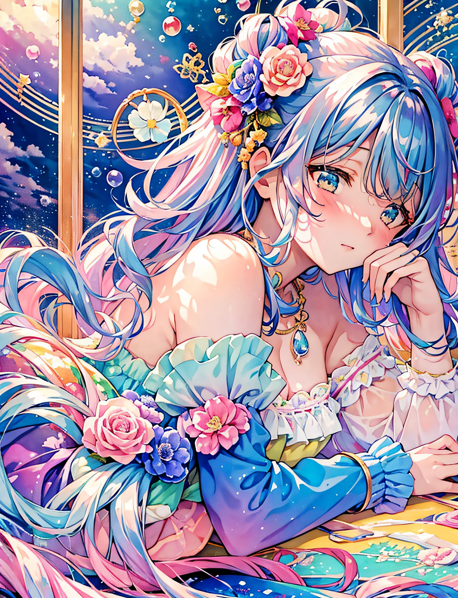 Yumekawa, dreamily cute, pale, moya, (masterpiece, highest quality, highest quality, watercolor (medium), official art, beautiful and aesthetic: 1.2), ((2 beautiful boys: 1.3)), upper body, kiss, lesbian, lolita fashion, lolita watching viewer, pattern, break, (rainbow hair: 1.2), break, soap bubble, rainbow behind, cloud, colorful, soap bubble, spread, cute, pastel, cute room, rainbow color stuffed unicorn, lying in bed