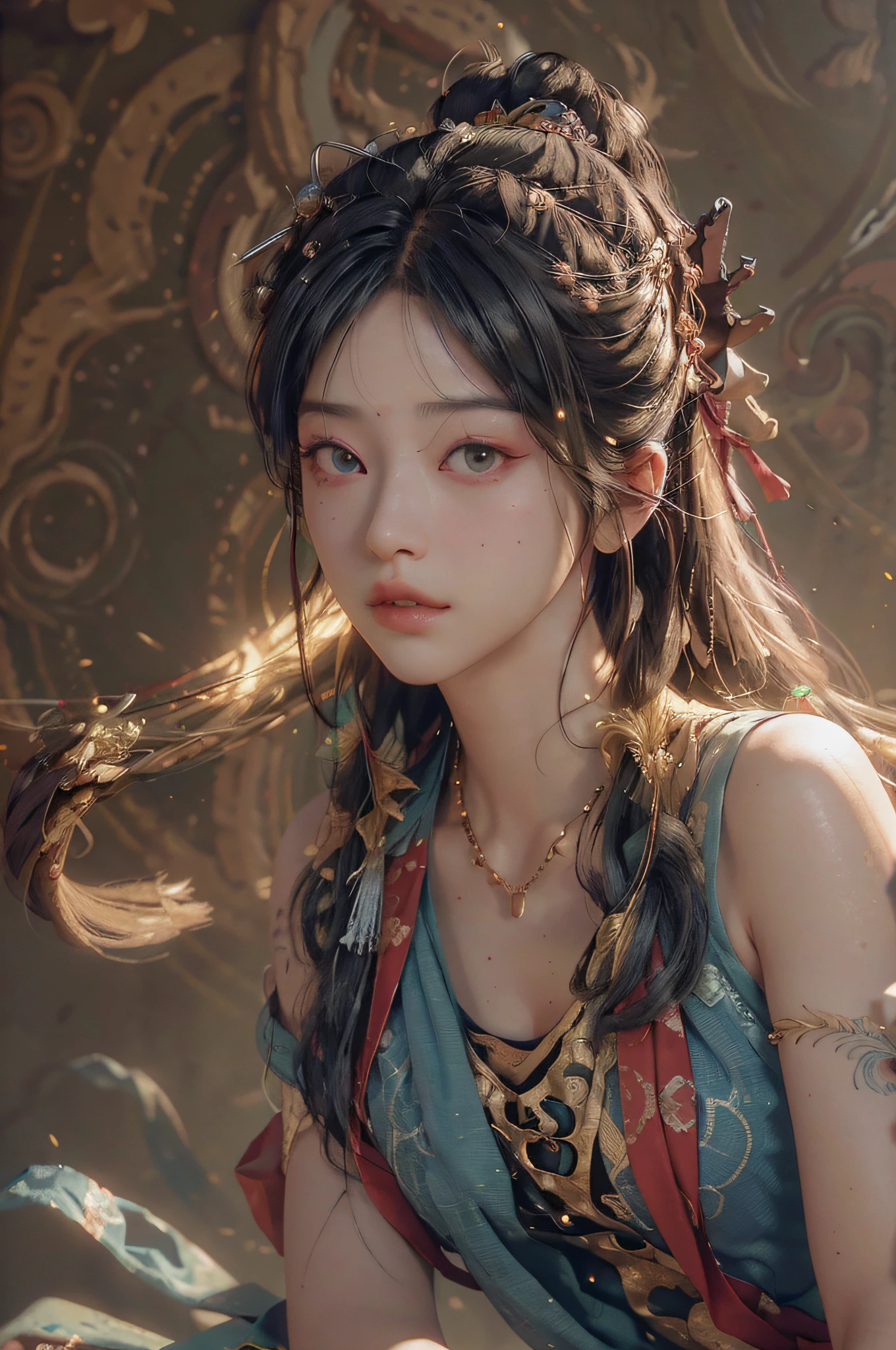 (RAW photo, best quality), (realistic, photo-realistic:1.3),best quality,highly detailed,masterpiece,ultra-detailed,illustration,1girl,upper_body,dynamic angle,world masterpiece theater,messy_long_hair,best quality,extremely detailed CG unity 8k wallpaper,ink,Amazing,cinematic lighting,lens_flare, dunhuang_style