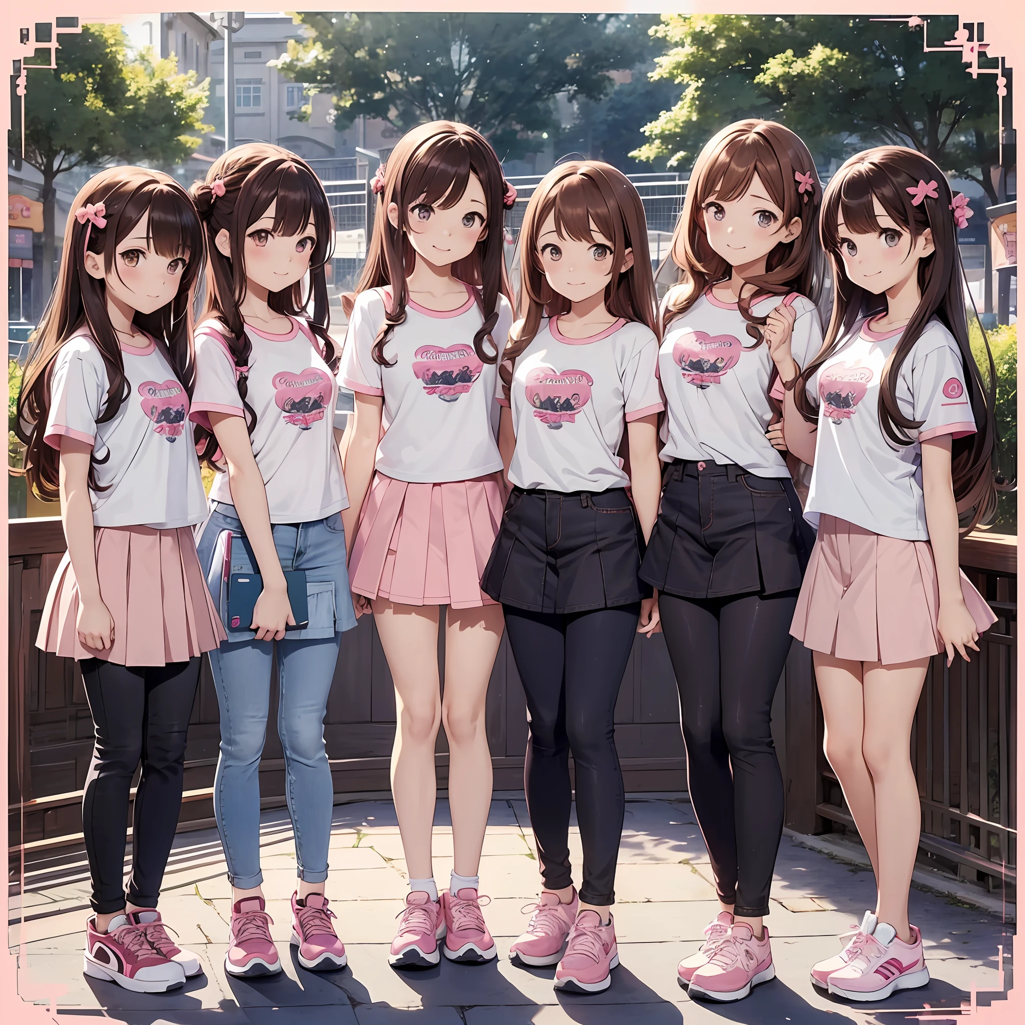 perfect anime illustration, identical septuplets, 7girls, clones, identical sisters, sisters crowded together, sisters in background, matching hairstyles, brown hair, curly hair, matching hairstyle, hazel eyes, smiling, ((dark pink shirt, light pink jeans, tennis shoes)), theme park, highres, full body