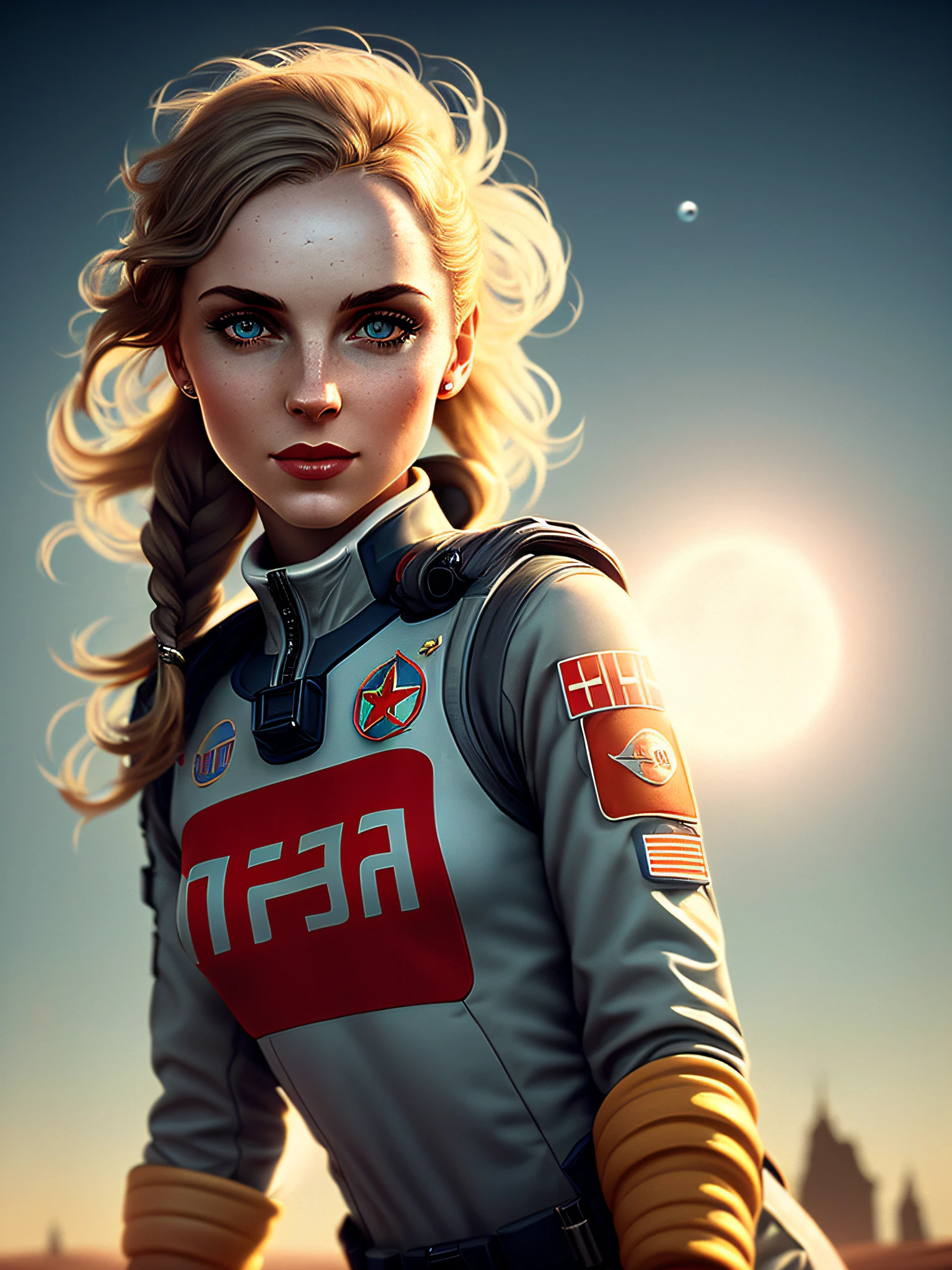 wite skin, (tomboy running on the moon in low gravity), big eyes, cheeky smile, medium chest, space, view of planet earth and orbital staton, pigtail
beautiful face, (detailed skin, skin texture), (muscle), burning asteroids fall, ((ussr communism style)),
intricately detailed, fine details, hyperdetailed, raytracing, subsurface scattering, diffused soft lighting, shallow depth of field, by (Oliver Wetter)