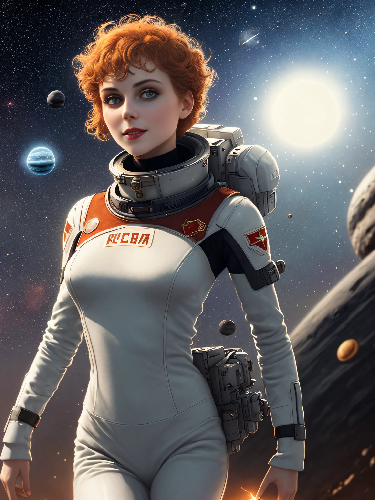 wite skin, (tomboy running on the moon in low gravity), big eyes, cheeky smile, medium chest, space, view of planet earth and orbital staton,
beautiful face, (detailed skin, skin texture), (muscle), (burning asteroids fall), ((ussr communism style)), red star symbol,
intricately detailed, fine details, hyperdetailed, raytracing, subsurface scattering, diffused soft lighting, shallow depth of field, by Oliver Wetter, Charles Gleyre, John Bauer, Eugene J. Martin, W. Heath Robinson, Allison Bechdel