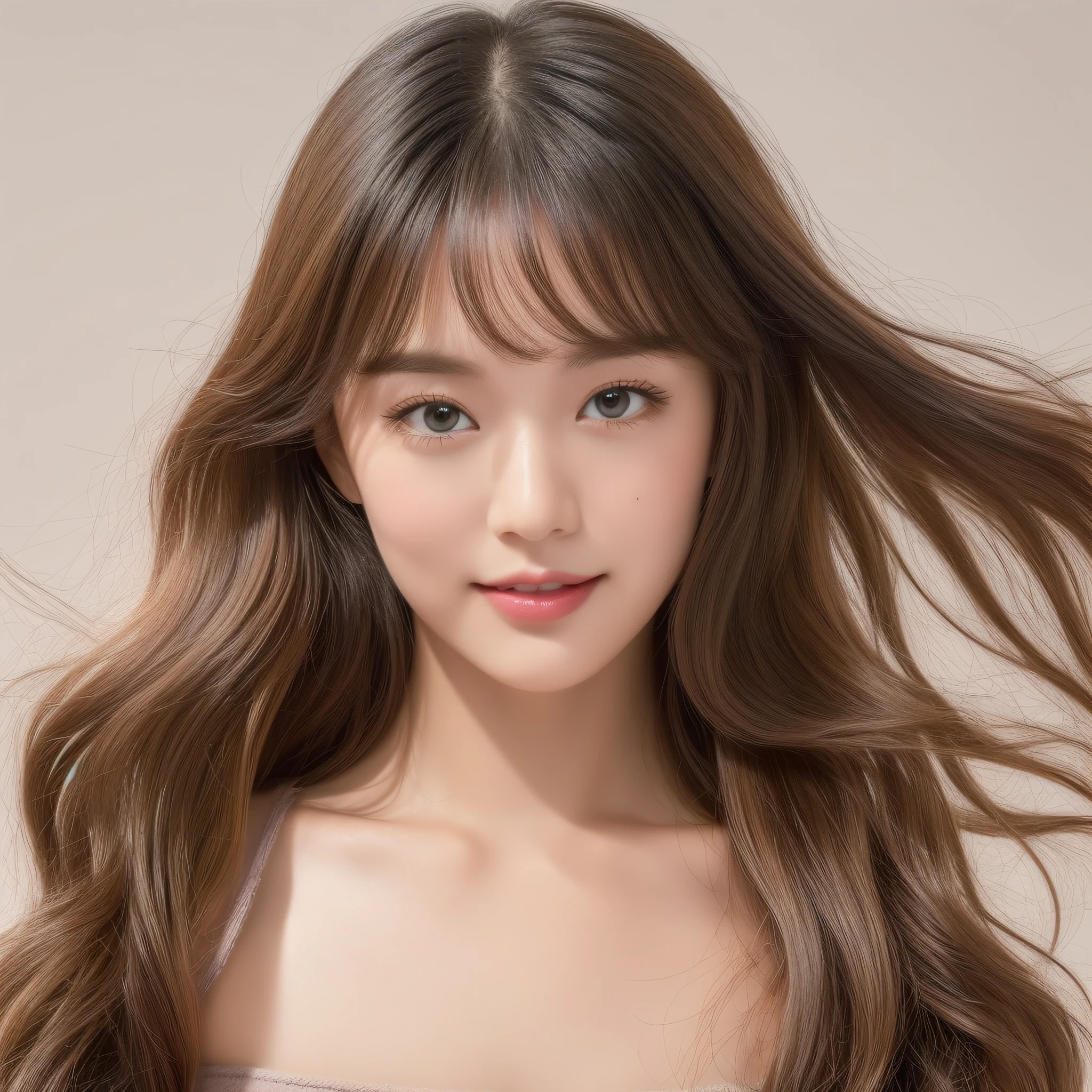 Solo girl portrait, nice perfect face with soft skin, small face with nose and rose-like lips, beautiful eyes, beautiful smile. Black and thin long beautiful hair, orange knit and beige pants, floating, (lavender background), (best quality, 8k, game CG, photorealistic, wallpaper), (red | green | blue | black | white color), Raphael, USA: 0.5