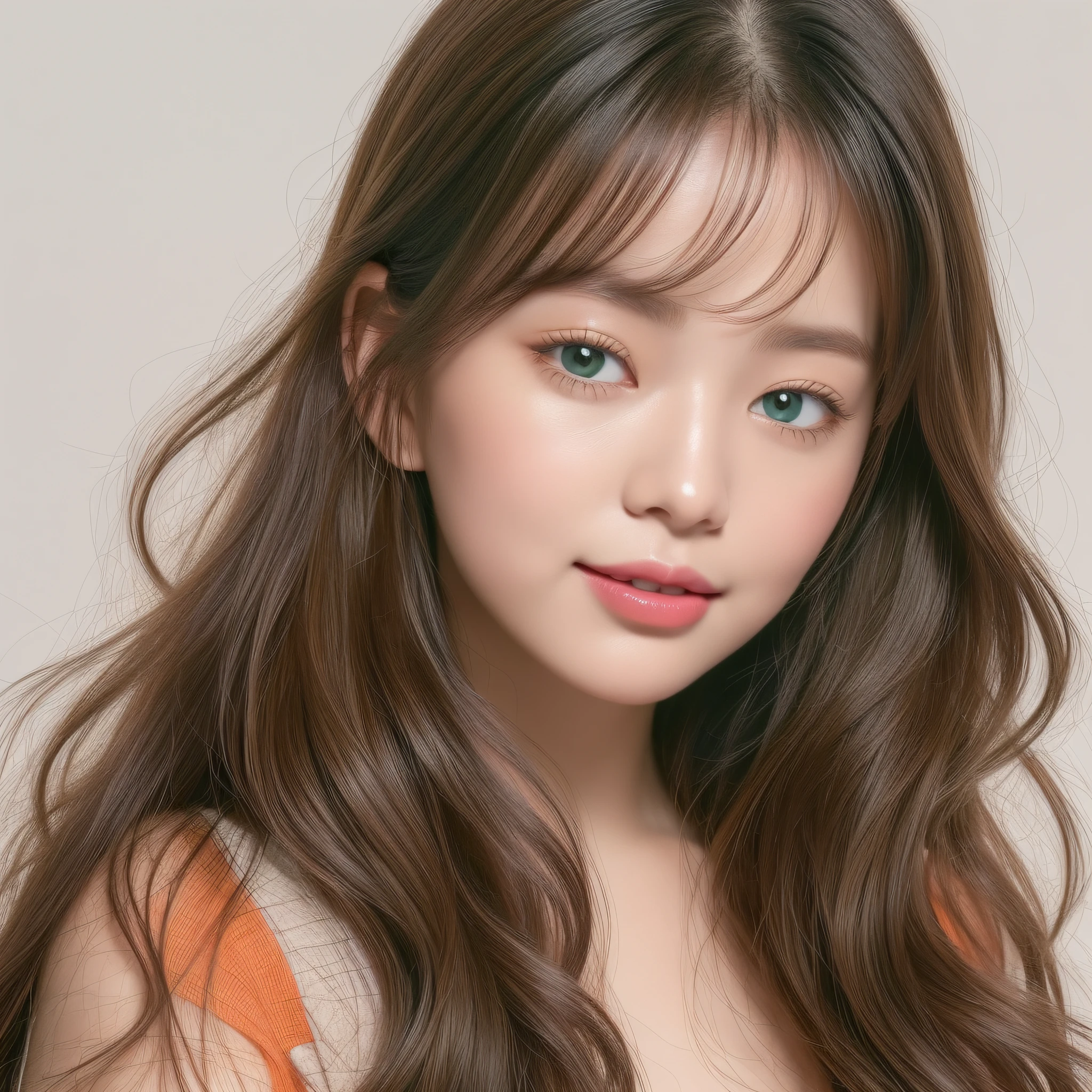 Solo girl portrait, nice perfect face with soft skin, small face with nose and rose-like lips, beautiful eyes, beautiful smile. Black and thin long beautiful hair, orange knit and beige pants, floating, (lavender background), (best quality, 8k, game CG, photorealistic, wallpaper), (red | green | blue | black | white color), Raphael, USA: 0.5