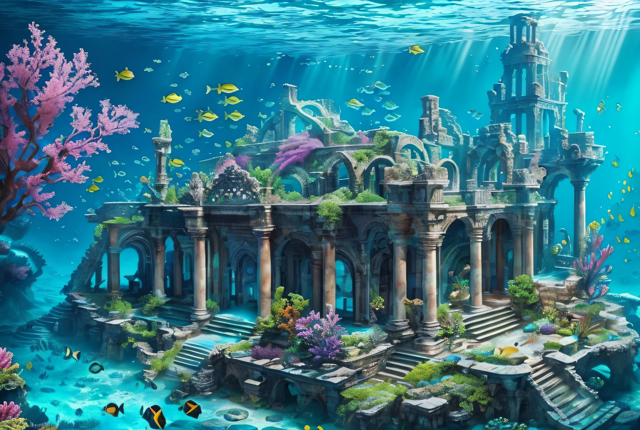 Underwater world deep sea, epic reality, (hdr: 1.4), dappled sunlight, cool colors, ancient ruins, underwater cities, marine life-type houses full of sense of design, incredible, epic composition, (complex details), ( Intricate Detail, Ultra Detail: 1.2), Art Station, Movie Clip, Intricate Background, (Masterpiece, Best Quality) --v 6