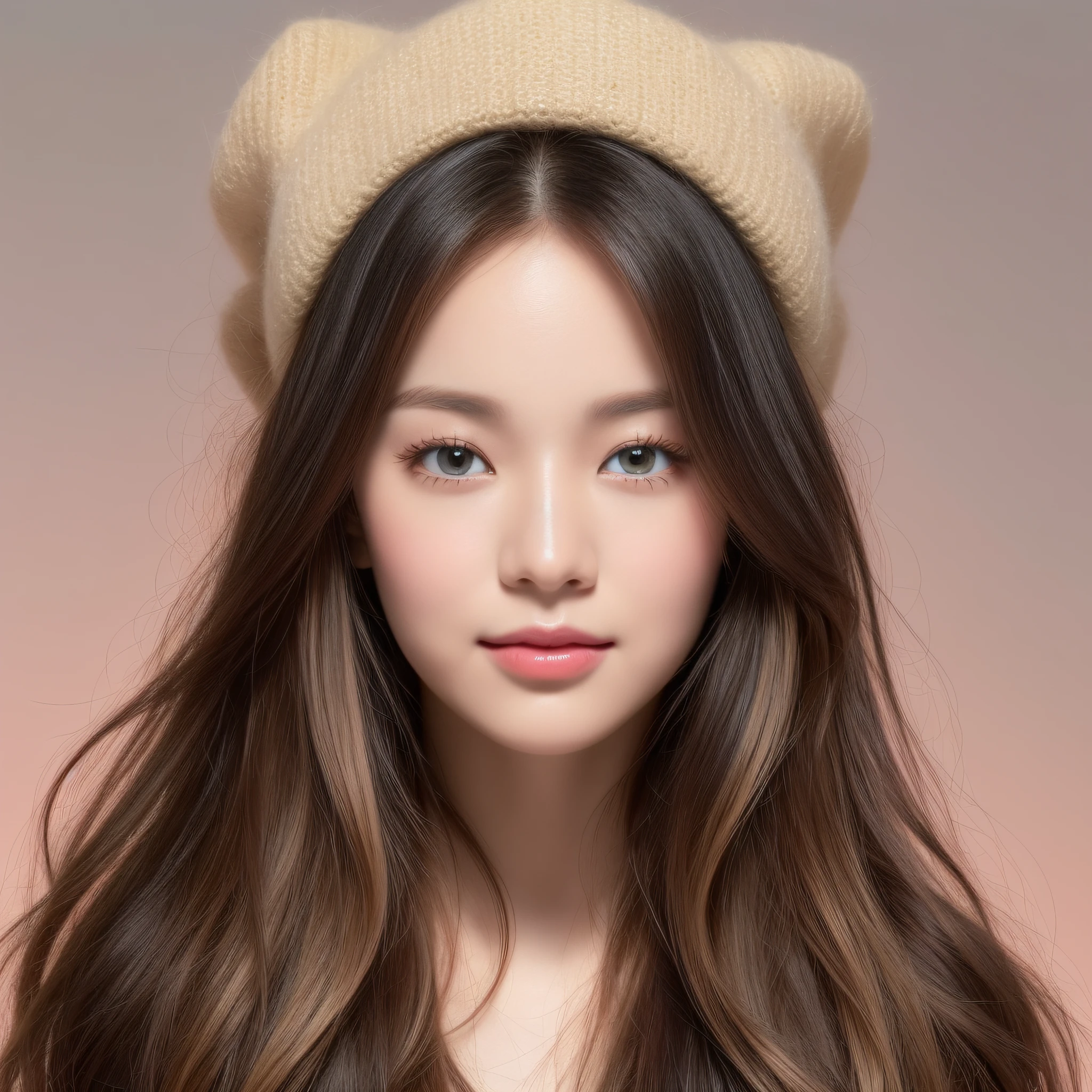 Solo girl portrait, nice perfect face with soft skin, small face with nose and rose-like lips, beautiful eyes, beautiful smile. Black and thin long beautiful hair, orange knit and beige pants, floating, (lavender background), (best quality, 8k, game CG, photorealistic, wallpaper), (red | green | blue | black | white color), Raphael, USA: 0.5