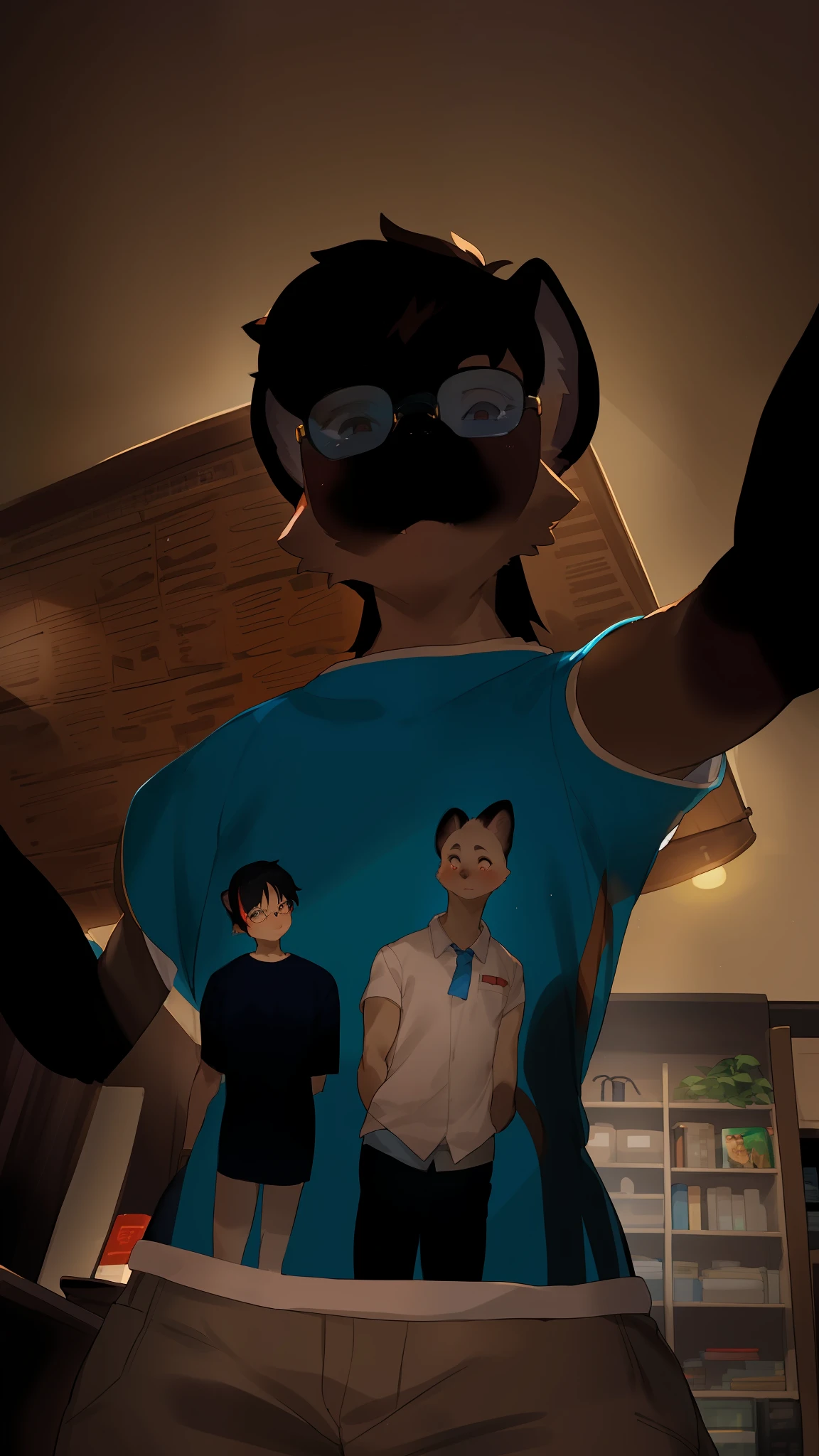 Solo, female, anthro, (((siamese))), feline, cat, underwear, glasses, hair, brown hair, by buta99, by pgm300, by suurin 2, by kishibe, by bebebebebe, by sindoll, weezer, blue album, blue shirt, t-shirt