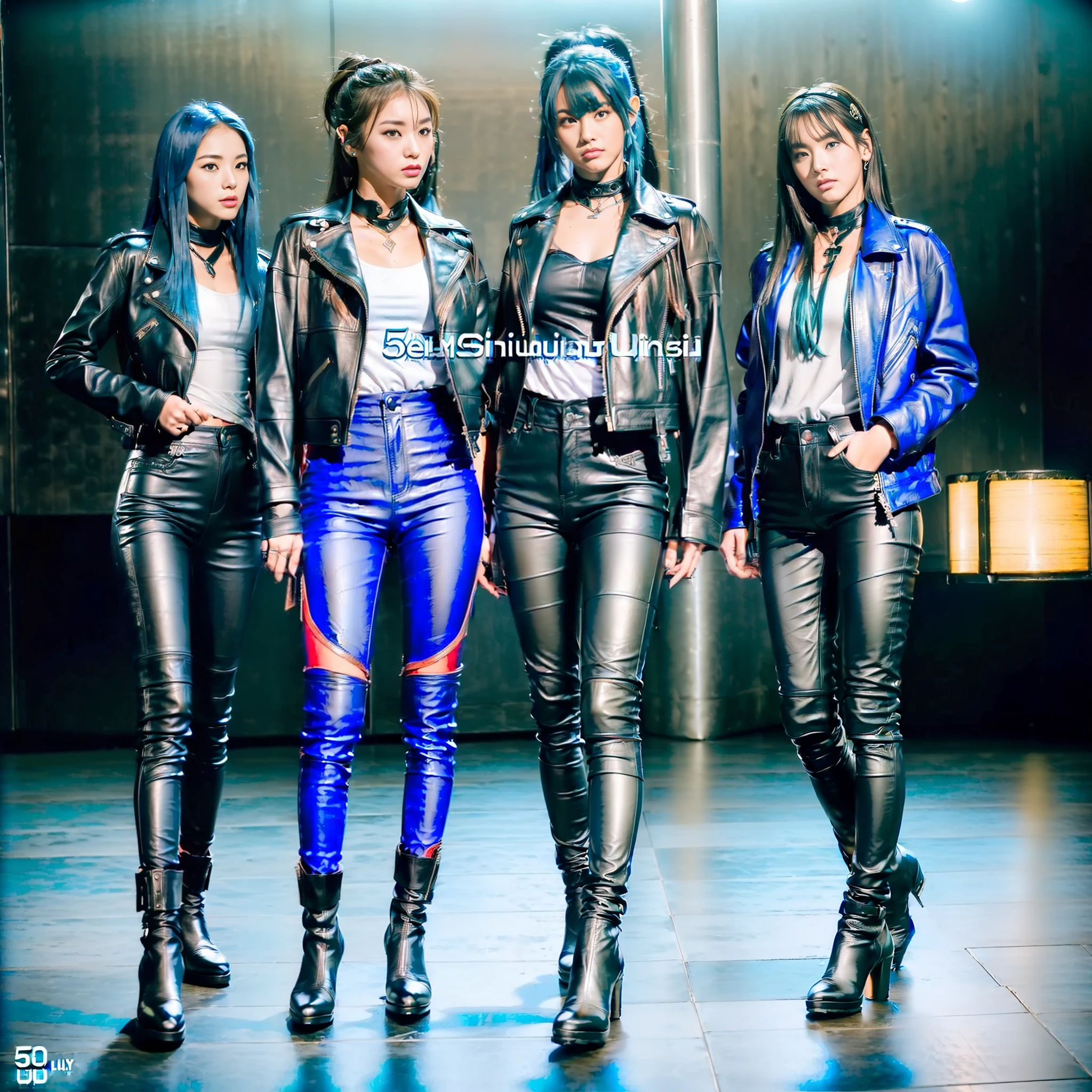 ((((((5girls)))), ((Masterpiece)), (Highest quality)), (8KUHD)))), ((Ultra High Definition))))), (Japan Woman), (Beauty)))))), (Boyish)), (Wild)), (Super tall)), (Super big)) ), looking at the camera, ((Full body))))), ((All blue))))), (Blue hair)))), (Riders jacket)))))), (((Leather pants)))))), (Leather boots))))), (Moonlight)