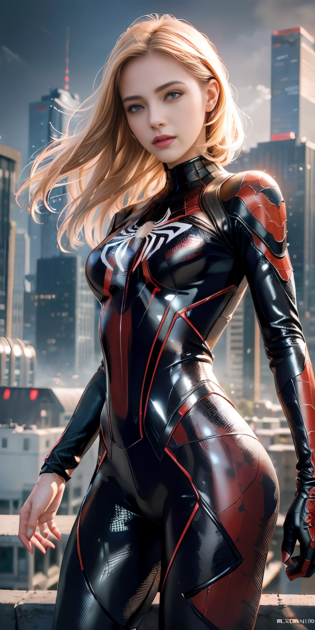 (1girl:1.3), Solo, (((Very detailed face)))), ((Very detailed eyes and face)))), Beautiful detail eyes, Body parts__, Official art, Unified 8k wallpaper, Super detailed, beautiful and beautiful, beautiful, masterpiece, best quality, original, masterpiece, super fine photo, best quality, super high resolution, realistic realism, sunlight, full body portrait, amazing beauty, dynamic pose, delicate face, vibrant eyes, (from the front), She wears Spider-Man suit, red and black color scheme, spider, very detailed city roof background, rooftop, overlooking the city, detailed face, detailed complex busy background, messy, gorgeous, milky white, highly detailed skin, realistic skin details, visible pores, clear focus, volumetric fog, 8k uhd, DSLR, high quality, film grain, fair skin, photo realism, lomography, futuristic dystopian megalopolis, translucent