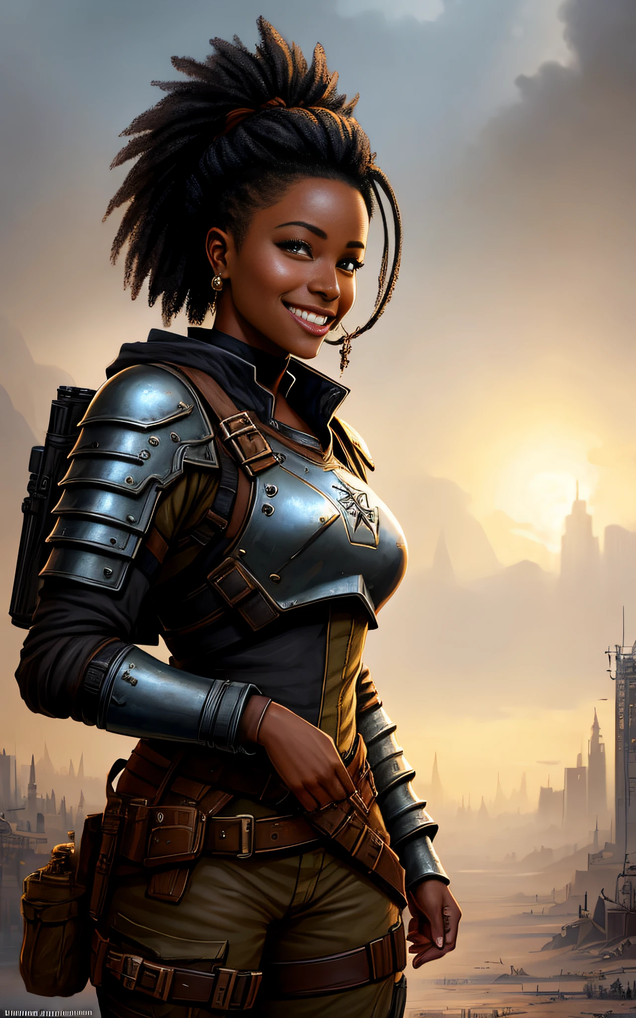 (A Beautiful Black Woman Post-Apocalyptic Soldier (smiling with a closed mouth)1:5, (rusty armor), dirty boots), intricate, elegant, highly detailed, digital painting, art station, realistic digital painting, concept art, matte, sharp focus, illustration, Hearthstone, art by Artgerm and Greg Rutkowski and Alphonse Mucha, 8K, (Destroyed and deserted city scenery, blurred background)