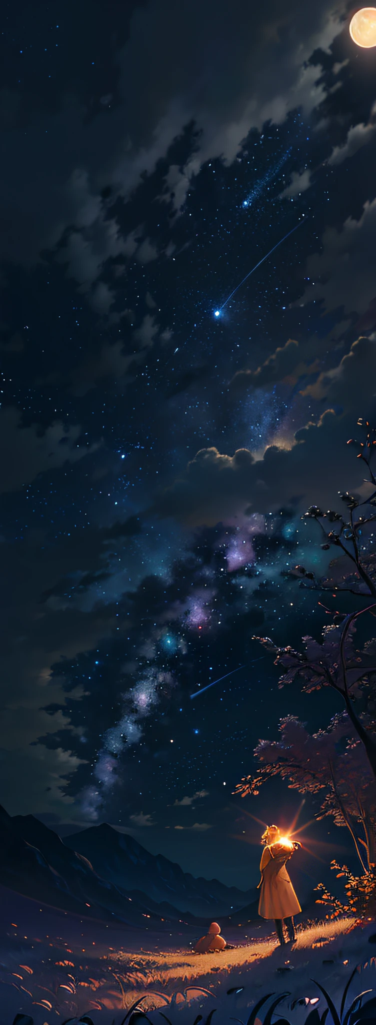 starry night with a couple of people sitting under a tree, night sky full of flowers, calm night. digital illustration, night sky; 8k, moonlit starry sky environment, starry sky 8 k, night under the starry sky, endless cosmos in the background, night background, beautiful night sky, cosmic skies. by makoto shinkai, starry sky, anime background