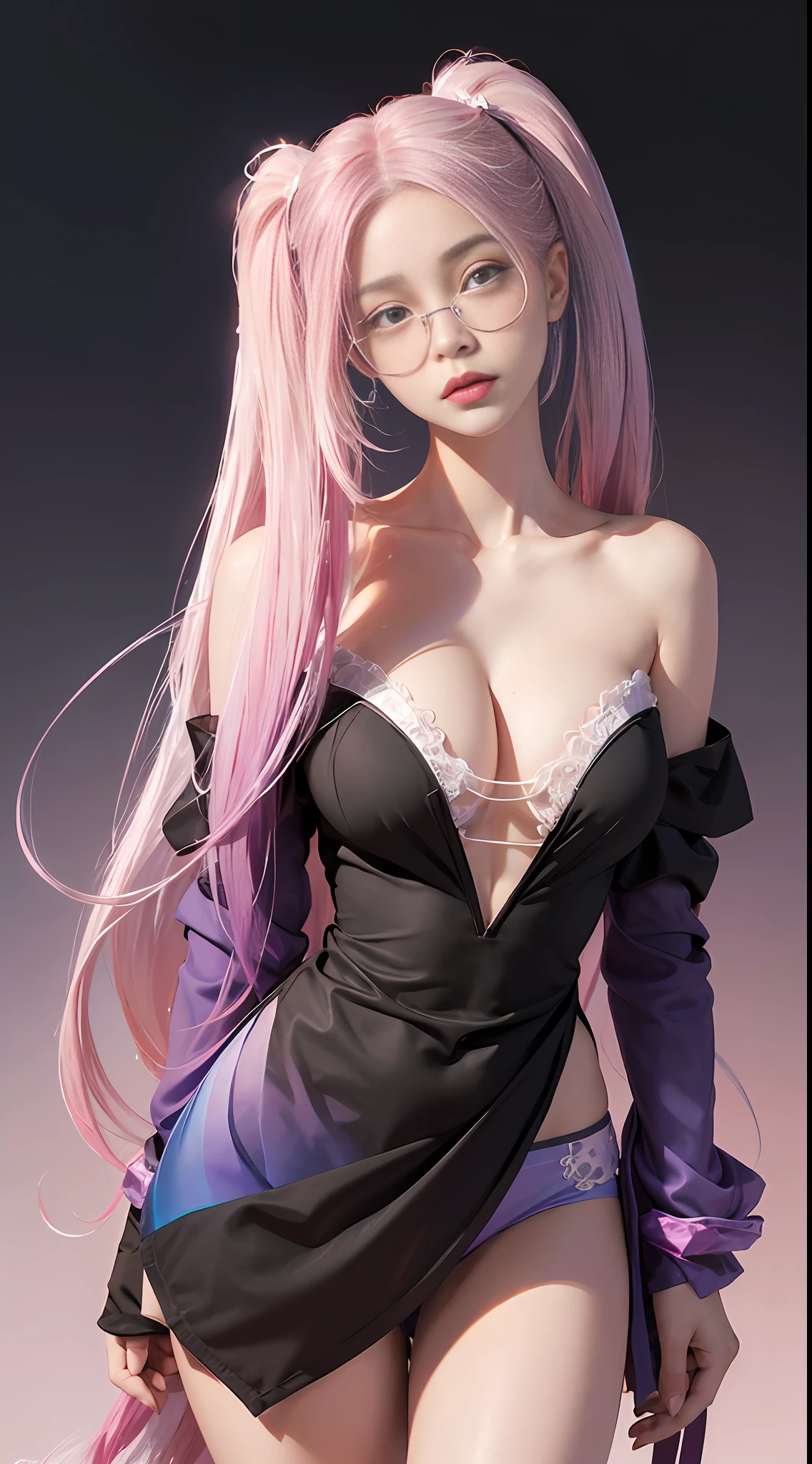 phenomenal aesthetic,best quality,sumptuous artwork,upper body,solo focus,sideways glance,very long hair,((gradient eyes)),((over-rim eyewear)),((gradient long hair:1.5)),(pink hair:blue hair:0.6),
((Off the shoulder:1.1)),angel,Angel wings,(Battle angel),(bow panties),(underwear),(clothes between breasts),(cleavage cutout),cleavage,((twintails)),Fantasy background,
4k,high-res,masterpiece,best quality,(head tilt:1.4),
((masterpiece)),(high quality,real skin texture,real hand joints,good looking face,(colored inner long hair),{color blocks are separated by clear white lines:1.1}, (hair color patches are separated by clear ink lines:1.1),draw the light dark boundary,(vector illustration), (thick and clear ink lines:1.1),(each color block is clearly distinguished:1.1),((eye details)),{tyndall effect:1.3},eye shadow,bright background,depth of field,detailed glow,colored crystal,(glinting stars:0.9),