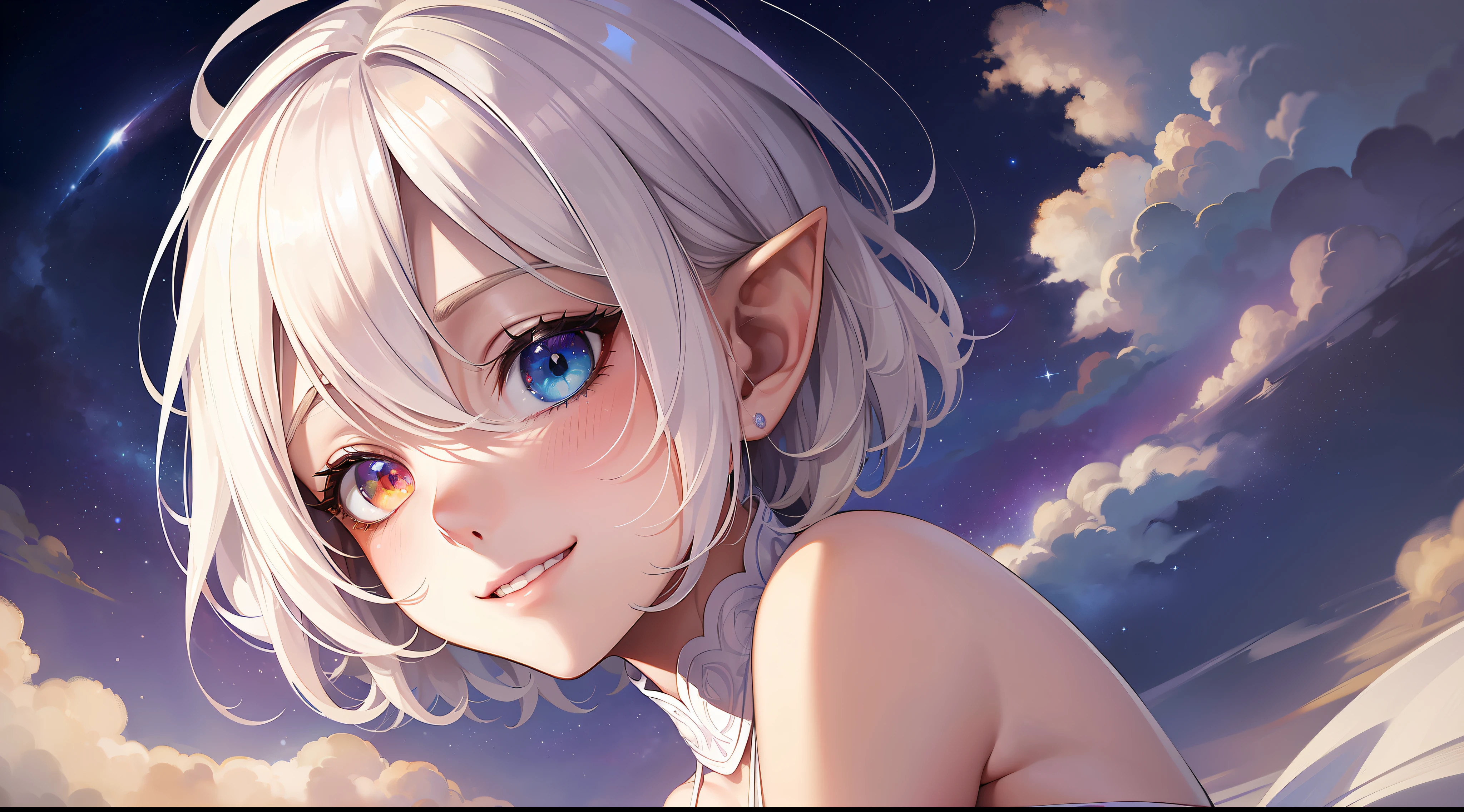 (masterpiece, best quality, super high quality), beautiful starry sky background, one, elf girl, princess, (slender), (slender), (small breasts), platinum blonde short hair, gradient hair, (heterochromia), beautiful detail eyes, pale orange, pale purple, white, white halter neck, whitish clothes, bust shot, smile that wants to protect