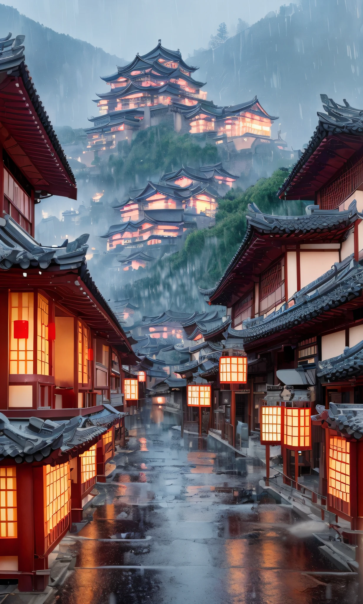 arafed view of a village with a lot of lights on the buildings, dreamy chinese town, chinese village, amazing wallpaper, japanese town, japanese village, hyper realistic photo of a town, old asian village, japanese city, by Raymond Han, rainy evening, cyberpunk chinese ancient castle, beautifully lit buildings, at evening during rain, beautiful and aesthetic, photography, cinematic, 8k, high detailed ((Heavy rain)))