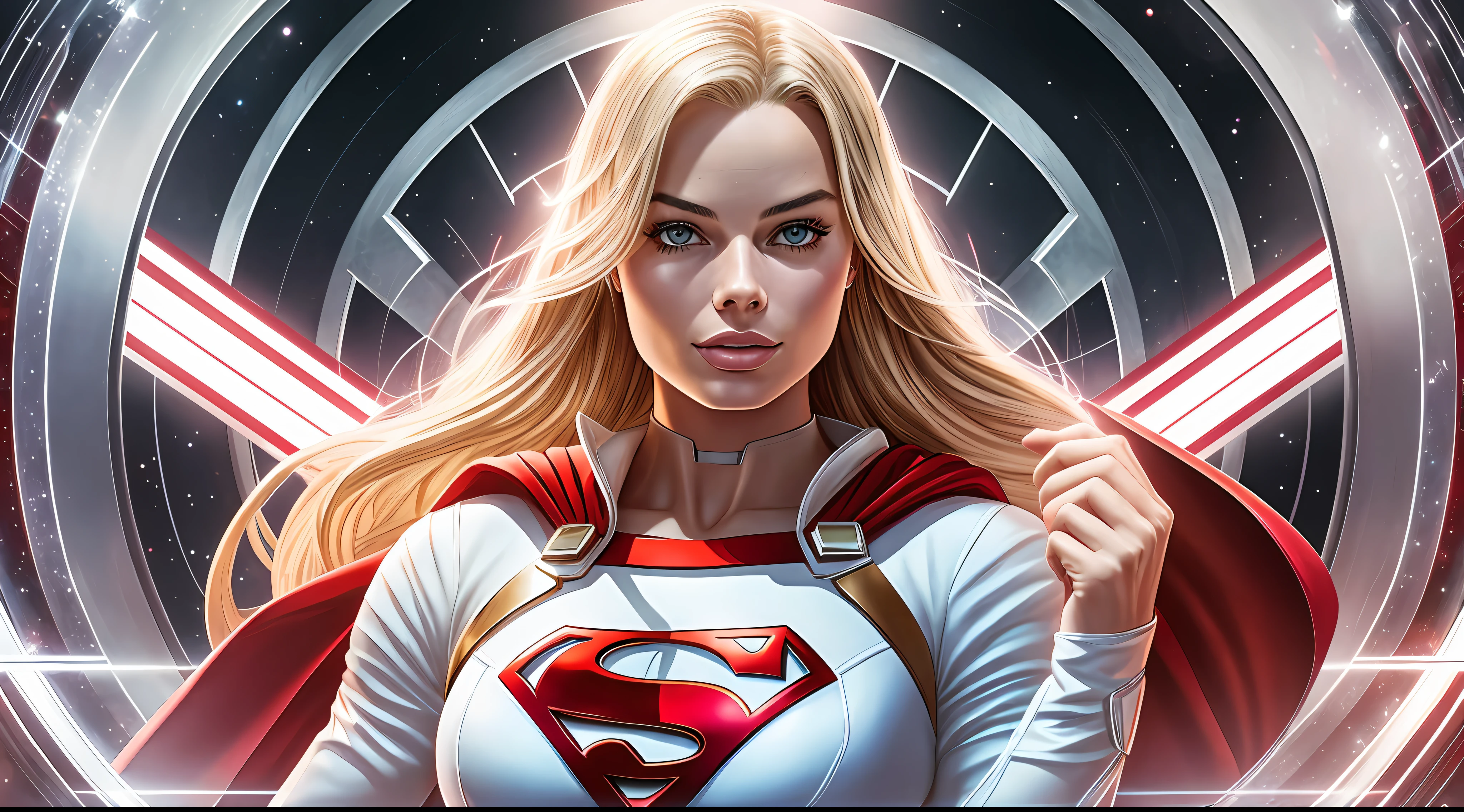 Margot Robbie beautifully in a white and red costume with a Superman symbol on her chest, Power Girl, Supergirl, Chris Moore. artgerm, beautiful comic art, extremely detailed artgerm, female superhero proportions, superhero body, high detail comic book art, artgerm julie bell beeple, dc comics art style, perfect anatomy, hands with 4 fingers and 1 thumb, rendered in 8K resolution for high quality detail, 8K image quality, 8K high resolution image,  hyper detailed, super realistic, intricate details  
Negative prompts --auto --s2