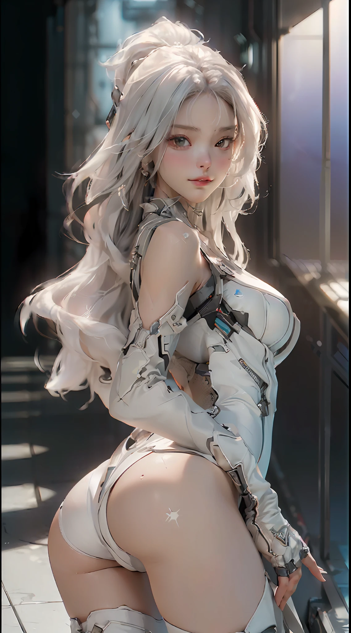 (Best Quality), ((Masterpiece), (Details: 1.4), 3D, Beautiful Cyberpunk Woman, HDR (High Dynamic Range), Ray Tracing, NVIDIA RTX, Super Resolution, Unreal 5, Subsurface Scattering, PBR Textures, Post Processing, Anisotropic Filtering, Depth of Field, Maximum Acutance and Clarity, Multilayer Textures, Albedo and Highlight Maps, Surface Shading, Accurate Simulation of Light-Material Interactions, Perfect Proportions, Octane Rendering, Bicolor Light, Large Aperture, Low ISO, White Balance, Rule of thirds, 8K RAW, long legs, exposed side breasts, exposed, delicate, pouting ass