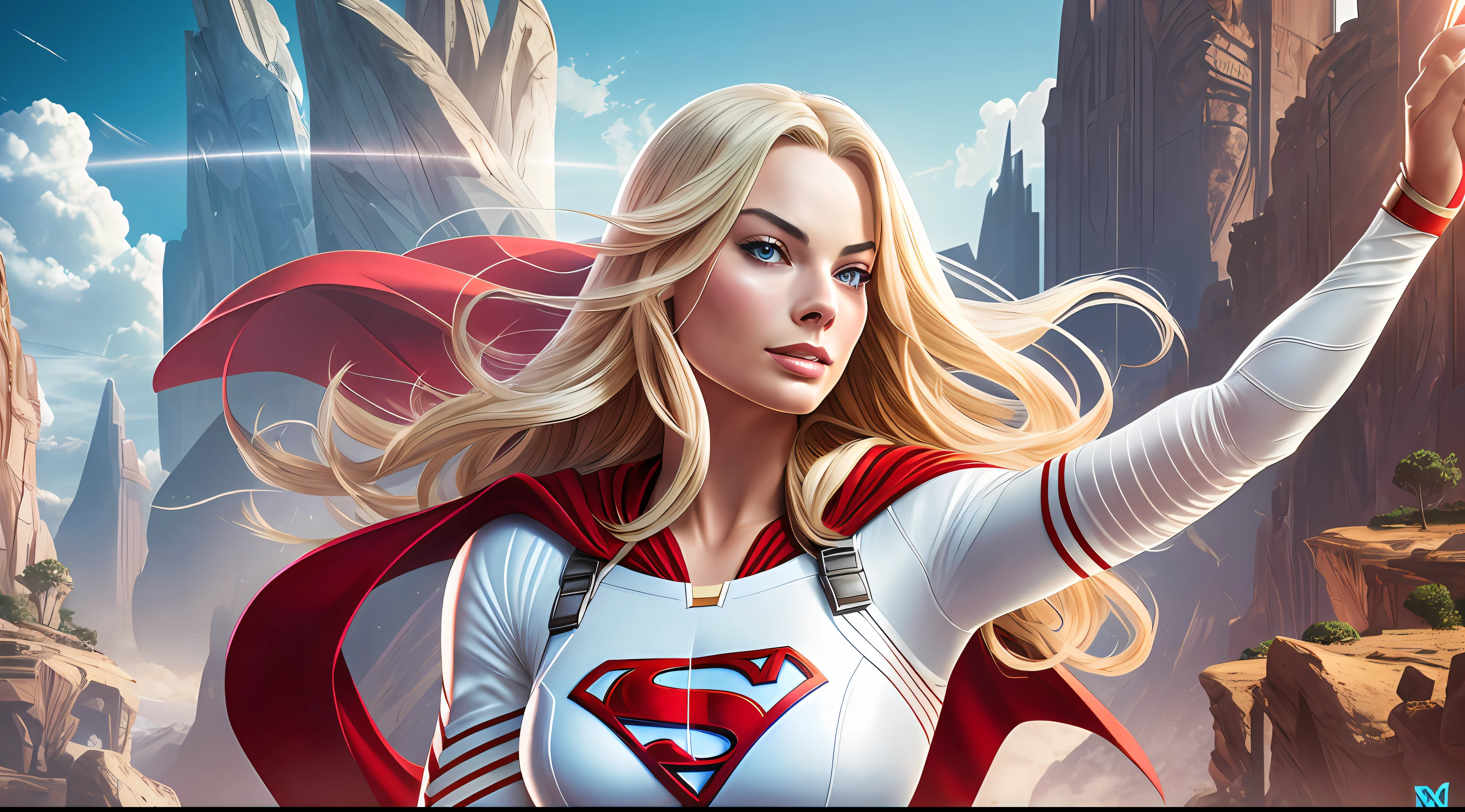 Margot Robbie beautifully in a white and red costume with a Superman symbol on her chest, Power Girl, Supergirl, Chris Moore. artgerm, beautiful comic art, extremely detailed artgerm, female superhero proportions, superhero body, high detail comic book art, artgerm julie bell beeple, dc comics art style, perfect anatomy, hands with 4 fingers and 1 thumb, rendered in 8K resolution for high quality detail, 8K image quality, 8K high resolution image, hyper detailed, super realistic, intricate details
Negative prompts --auto --s2