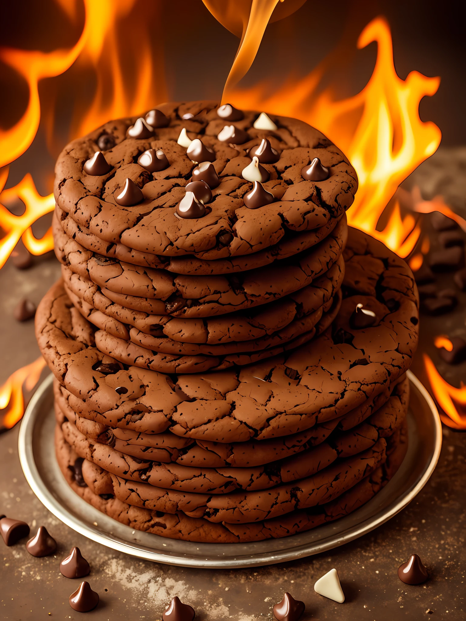 A baked coocke with chocolate drops, tasty, hot, releasing smoke, ((smoke coming out of the coocke)), promotional photo, intricate details, hdr, cinematic, adobe lightroom, highly detailed